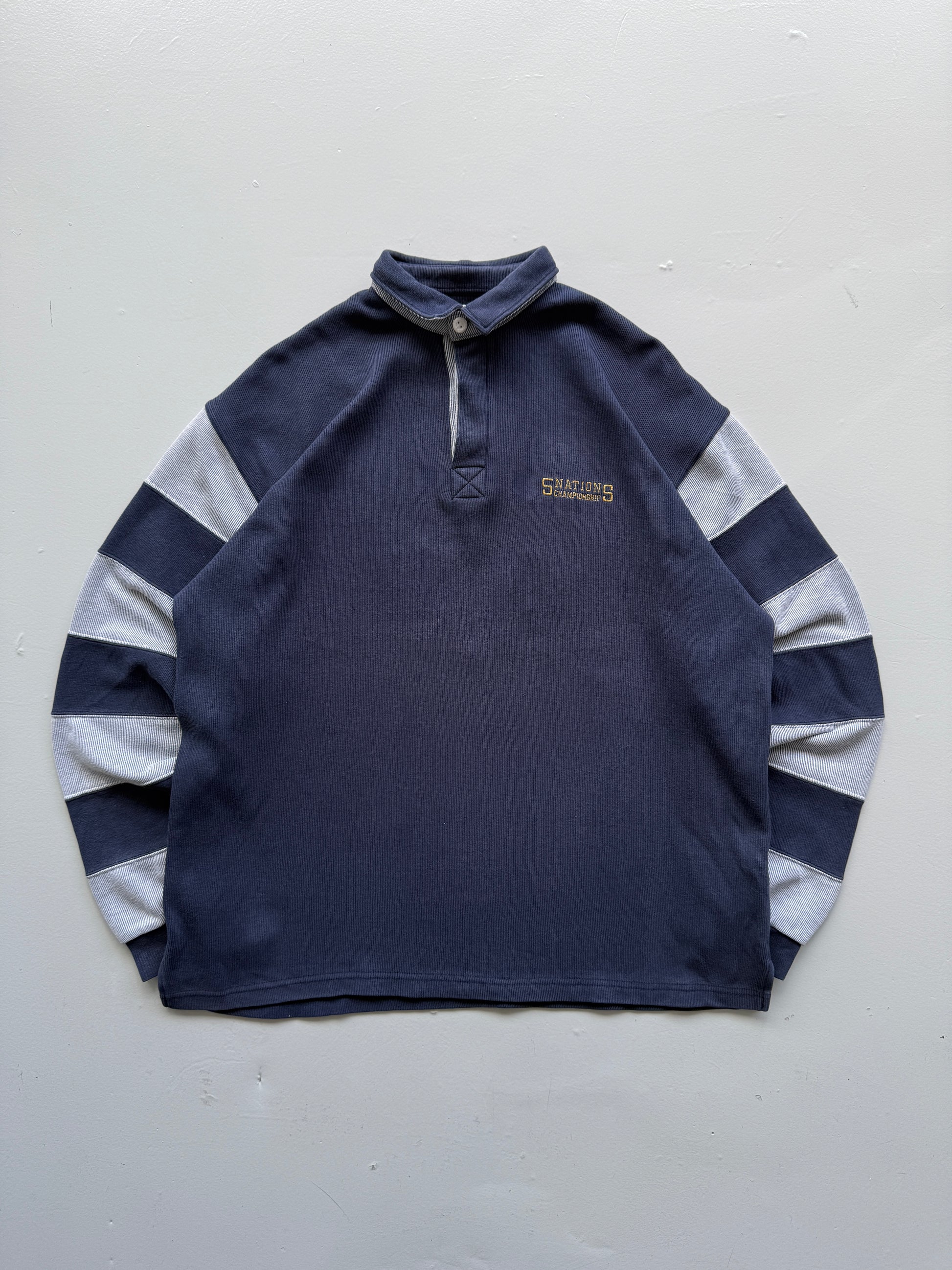 Navy Blue Five Nations 90's Vintage Long Sleeve Rugby Polo Jersey - XL