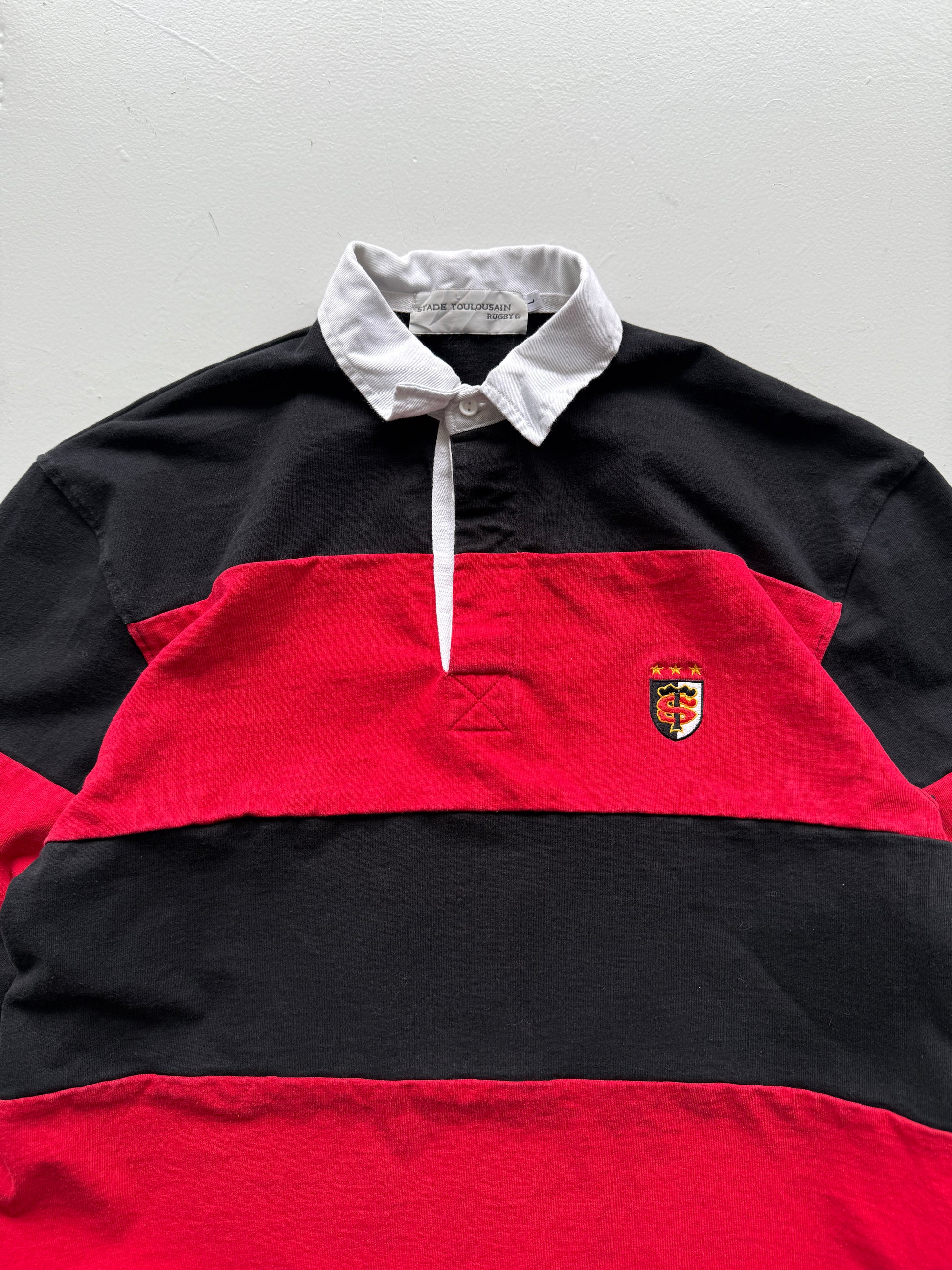 Red Striped Stade Toulousain 90's Vintage Long Sleeve Rugby Jersey Polo - Medium