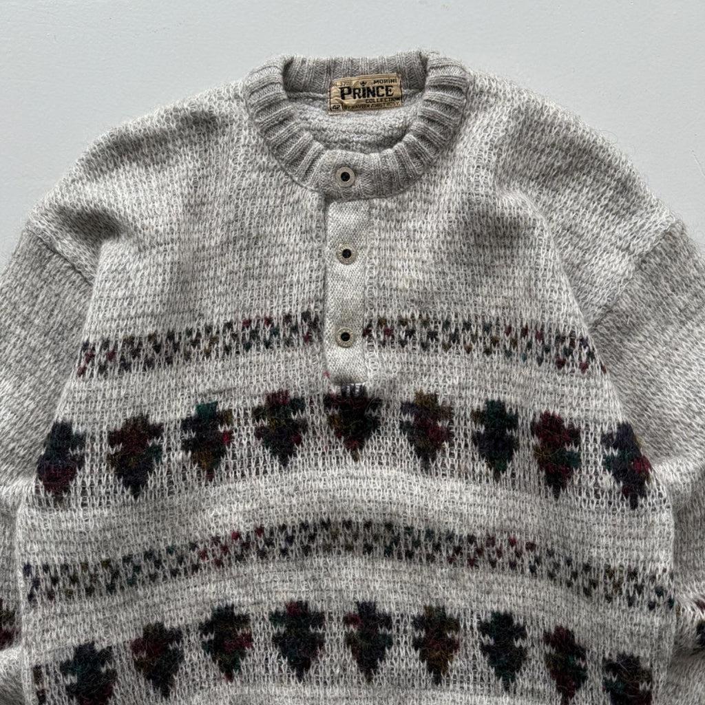 Grey Pattern Knit 80s Vintage Wool Sweatshirt - Medium