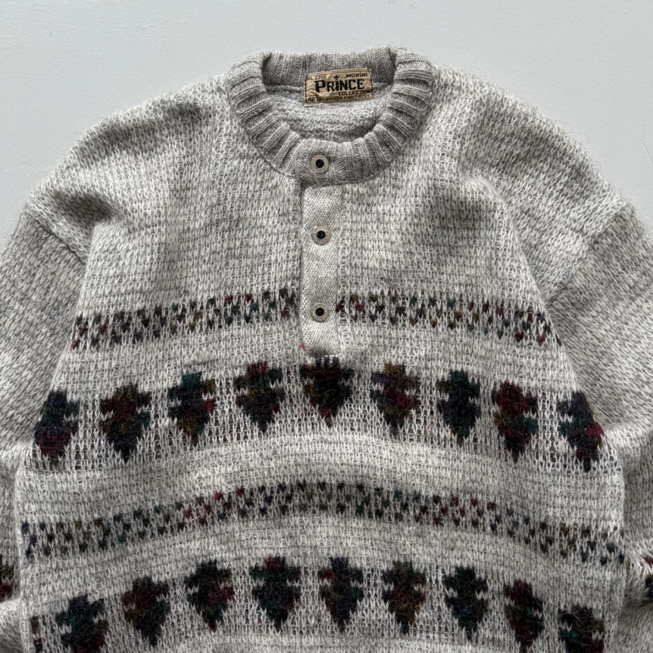 Grey Pattern Knit 80s Vintage Wool Sweatshirt - Medium