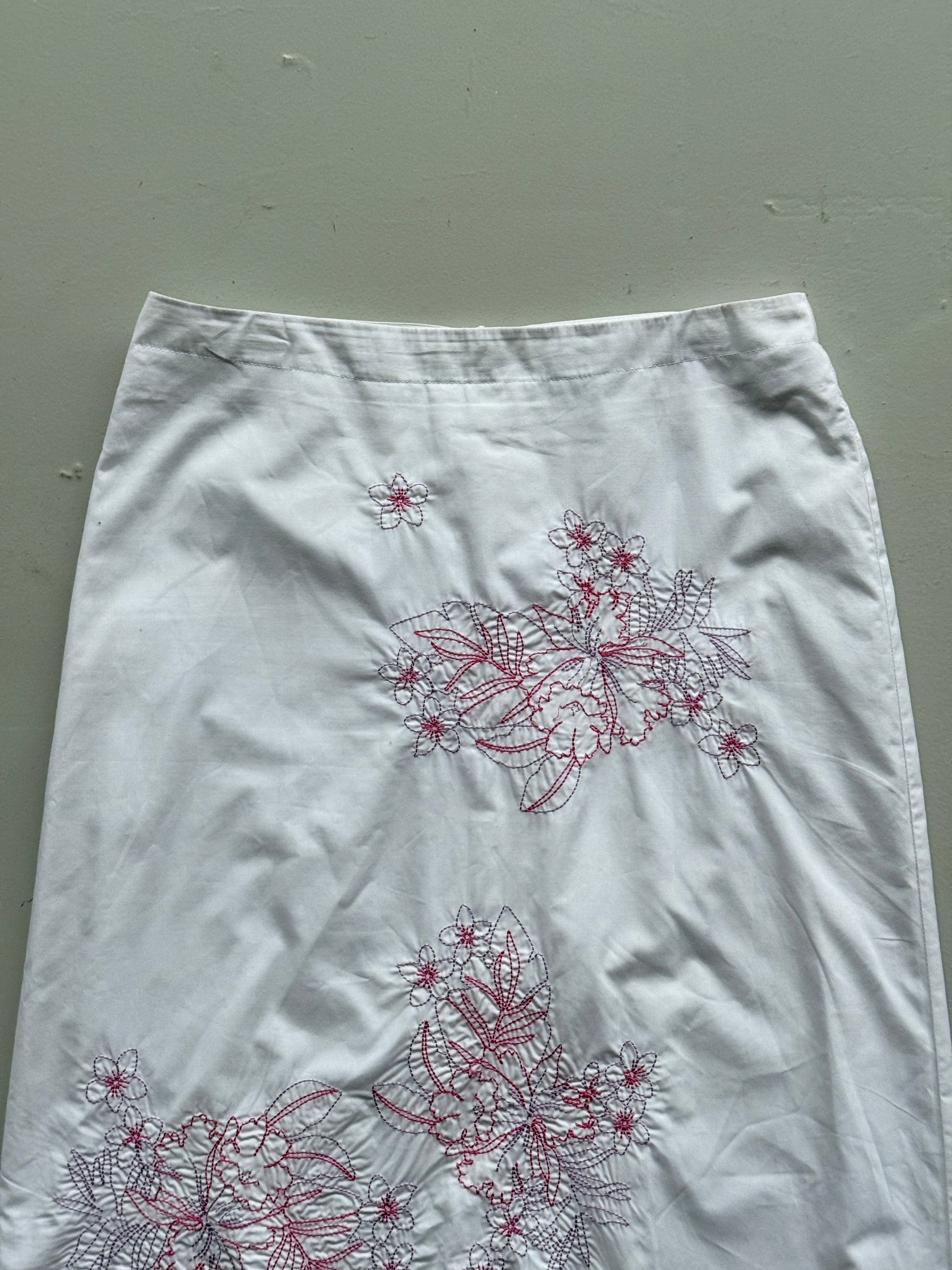 White Oasis 00's Vintage Y2K Embroidered Summer Pencil Skirt - UK 14