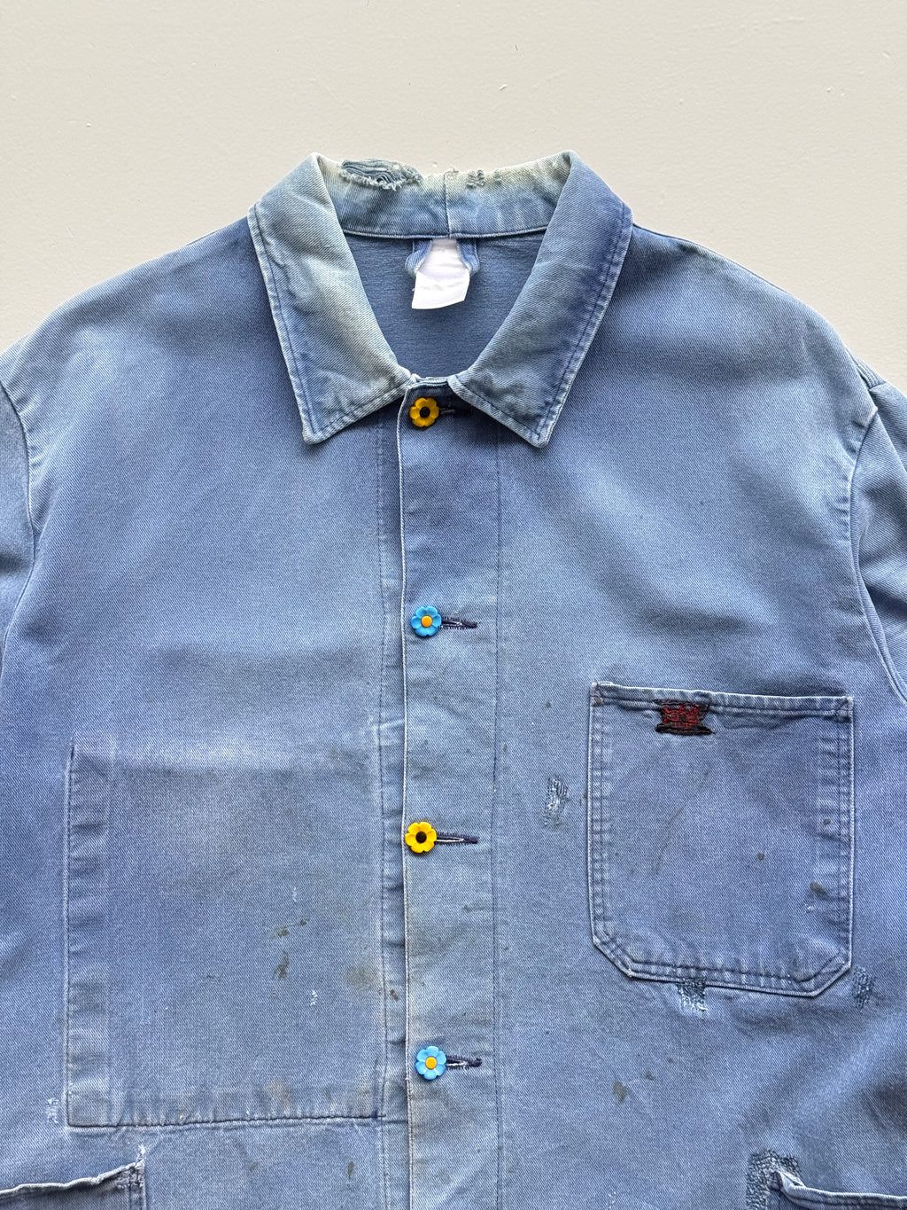 Faded Blue Thrashed French Chore Jacket 80's Vintage Workwear CH219 - Medium