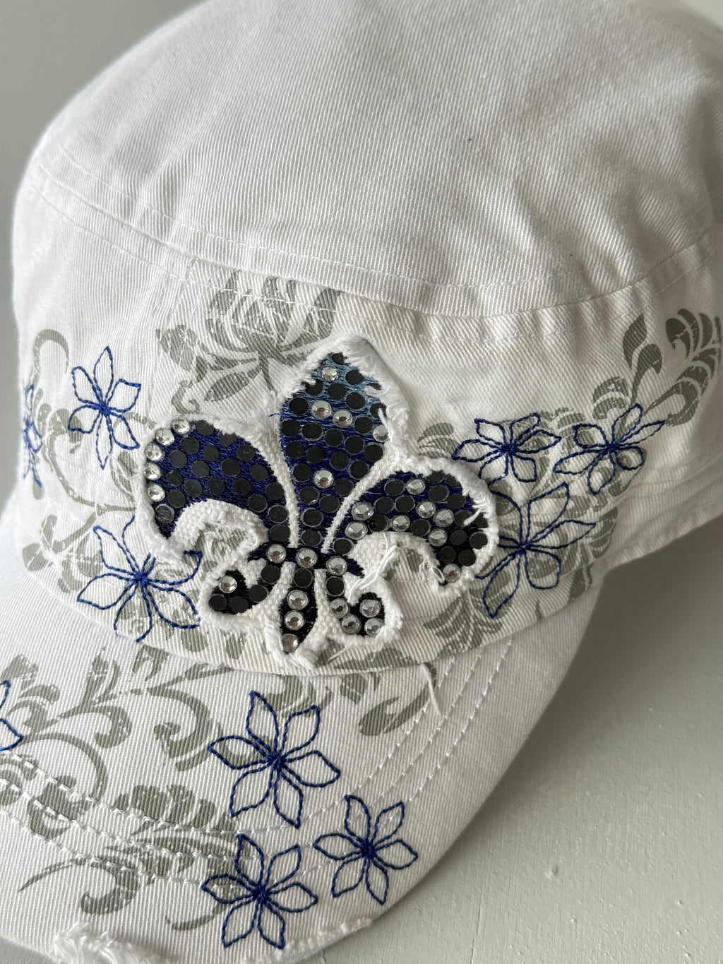 White Floral Y2K Cadet Cap Military Style 00's Grunge Aesthetic