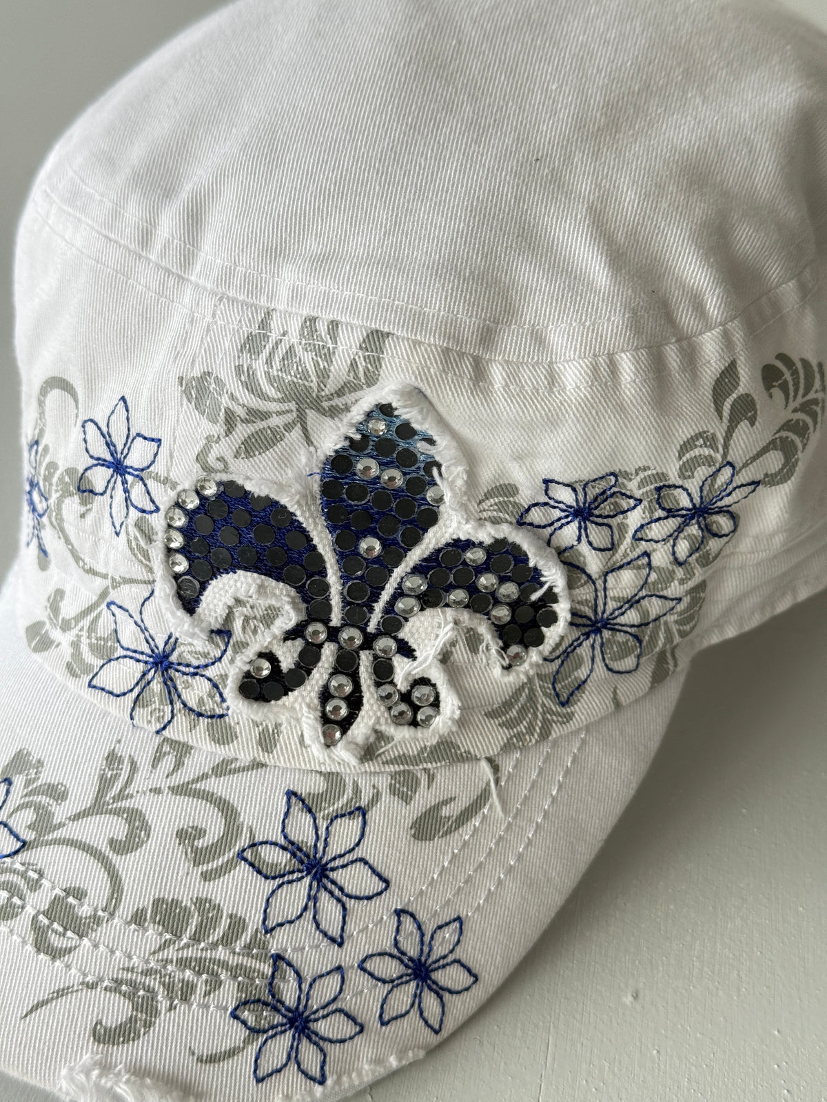 White Floral Y2K Cadet Cap Military Style 00's Grunge Aesthetic