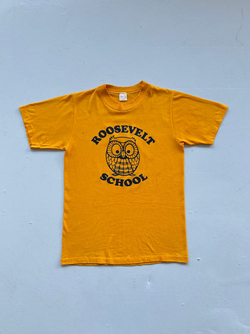 Gold Roosevelt School Owl 80's Vintage Single Stitch Graphic T-Shirt - Small