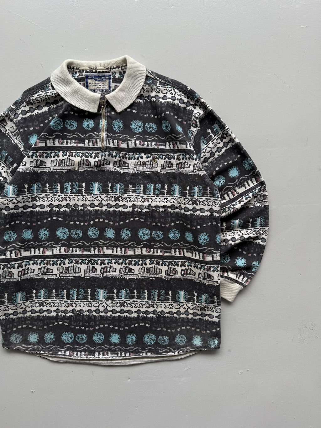 Striped Pattern Studio Shirt 80's Vintage Quarter Zip Pullover - XL