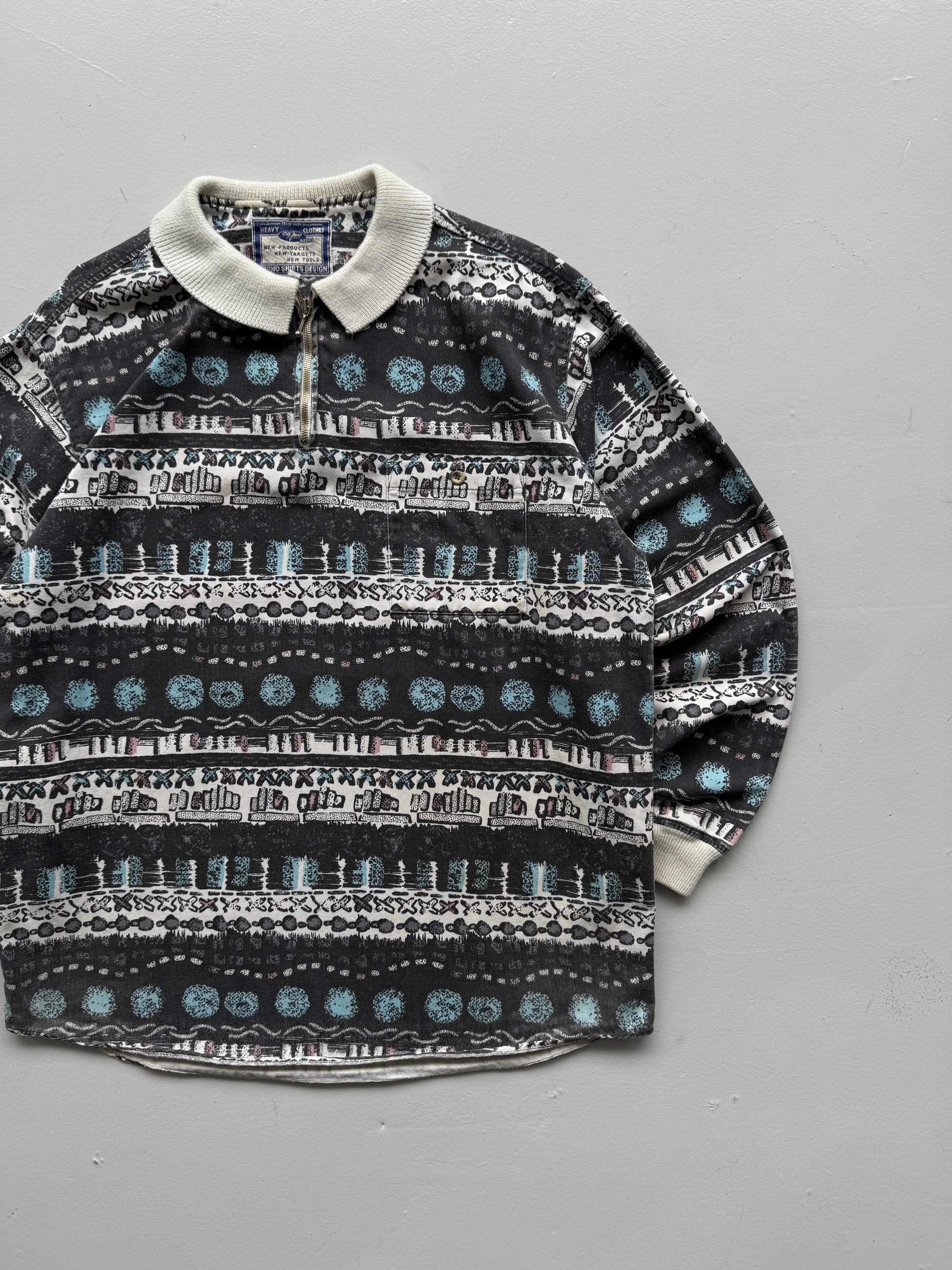 Striped Pattern Studio Shirt 80's Vintage Quarter Zip Pullover - XL