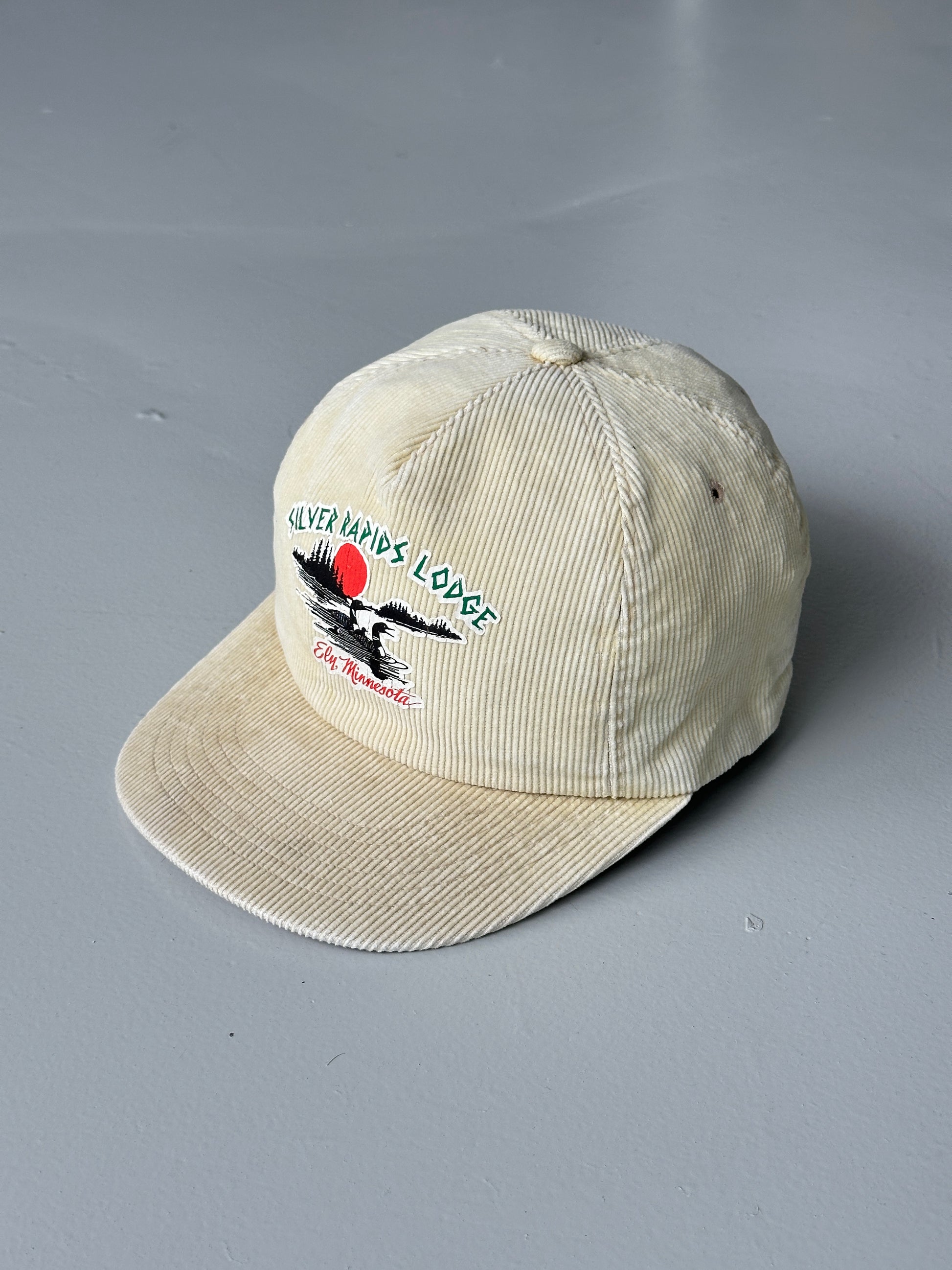 Cream Silver Rapids Lodge 90's Vintage Corduroy SnapBack Trucker Cap