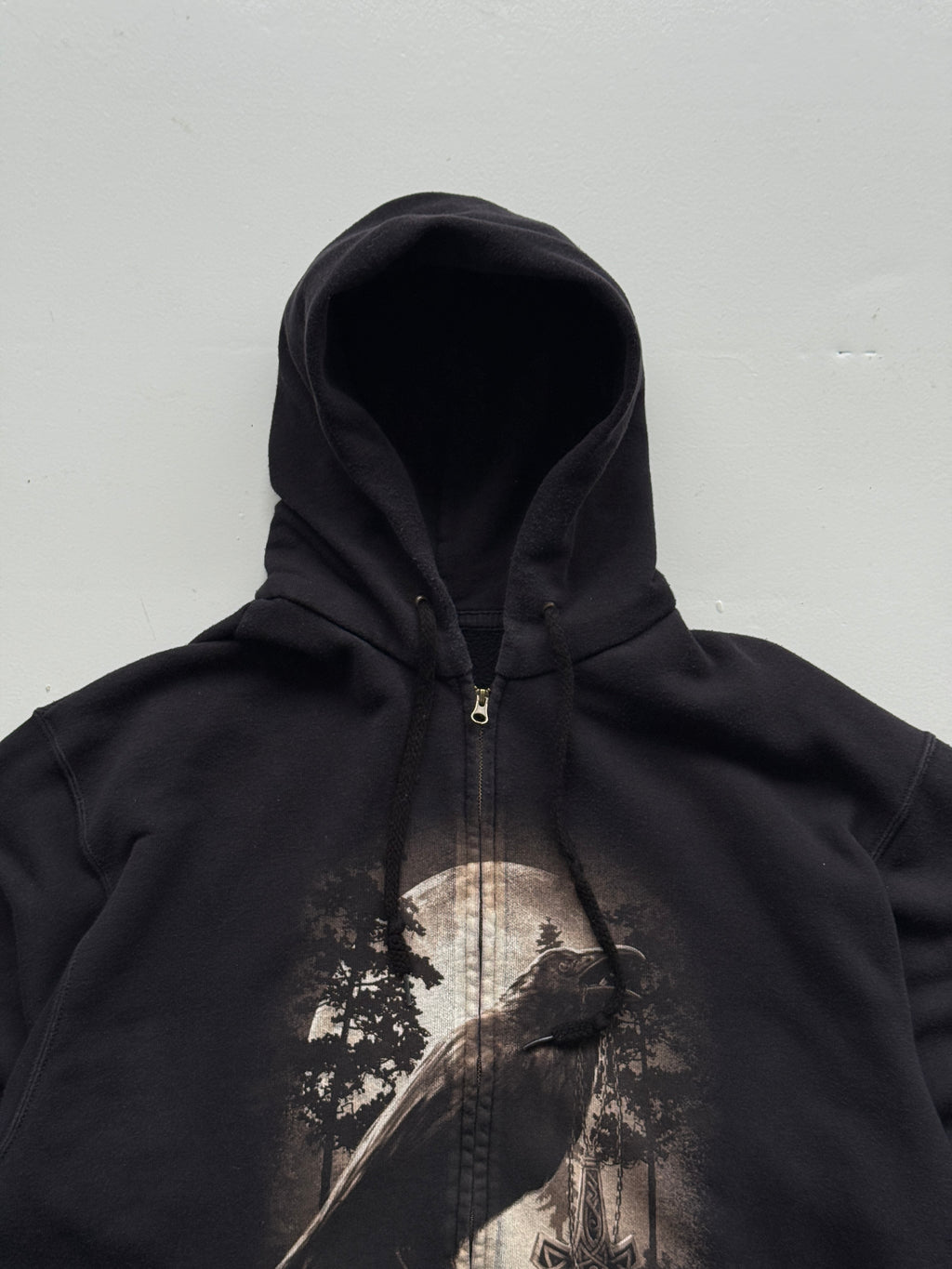Black Gothic Raven Y2K Vintage Zip-Up Graphic Hoodie - XL