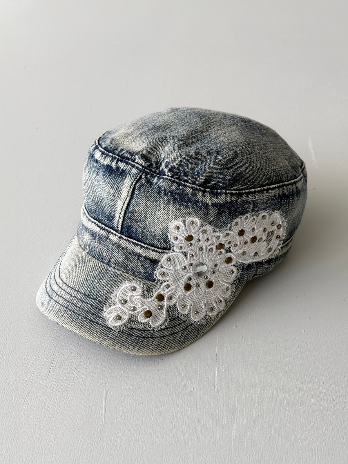 Denim Floral Distressed Y2K Cadet Cap Military Style 00's Grunge Aesthetic