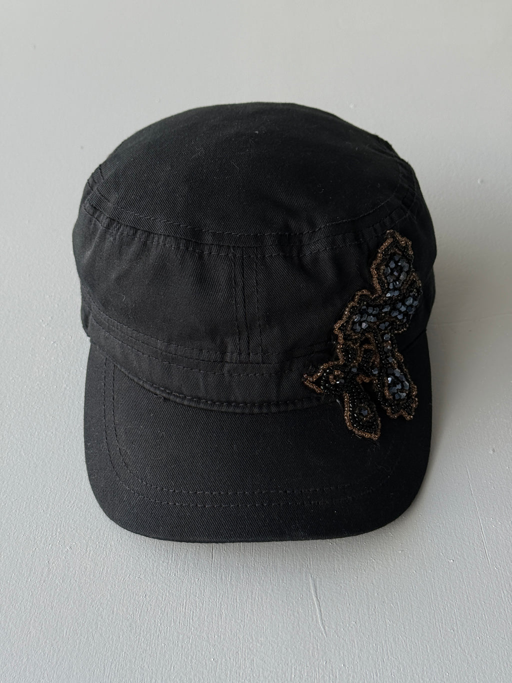 Black Studded Crucifix Y2K Cadet Cap Military Style 00's Grunge Aesthetic