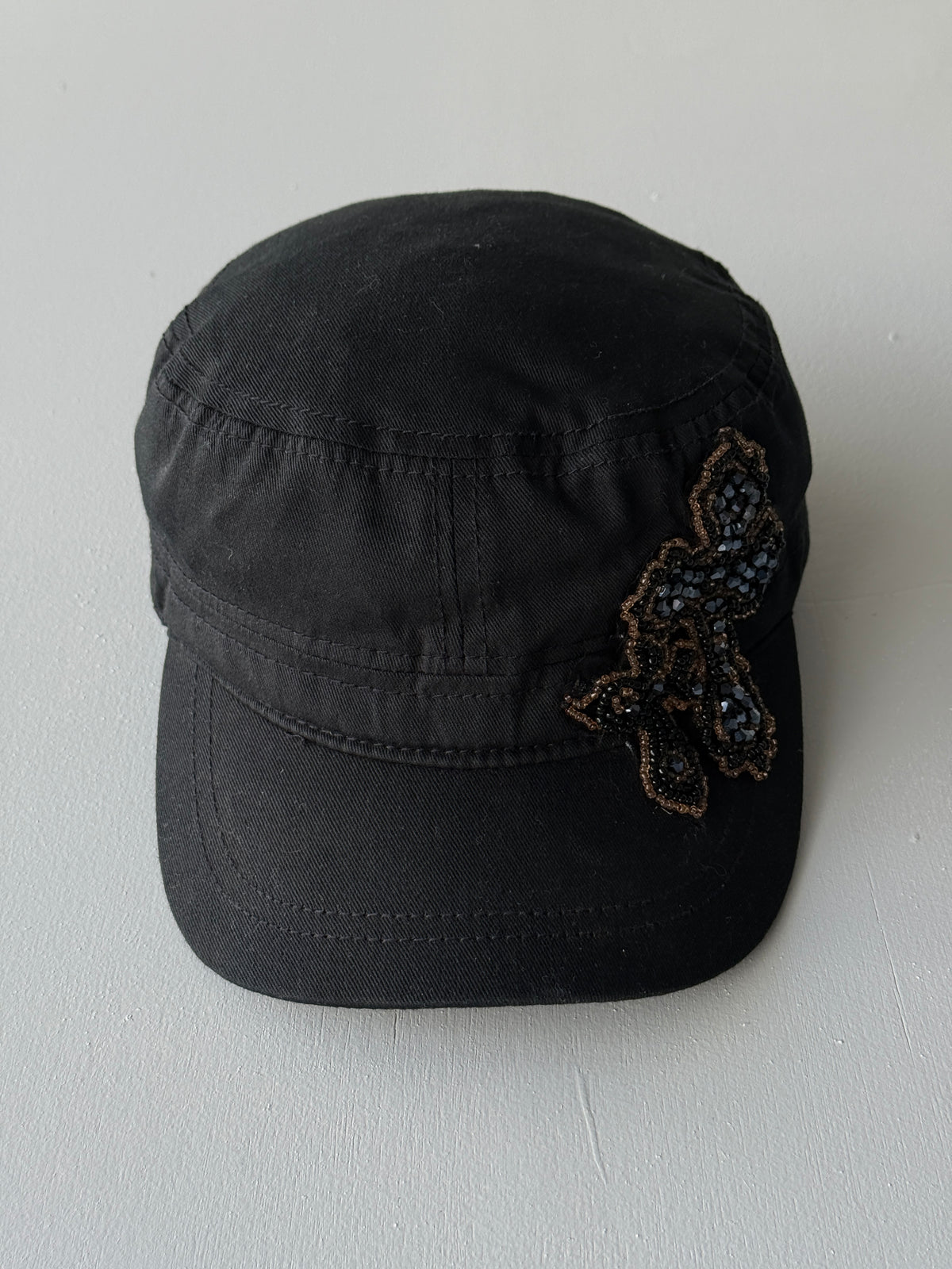 Black Studded Crucifix Y2K Cadet Cap Military Style 00's Grunge Aesthetic