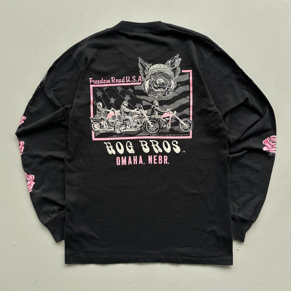 Black Floral Long Sleeve Biker 90s Vintage T-shirt - Medium