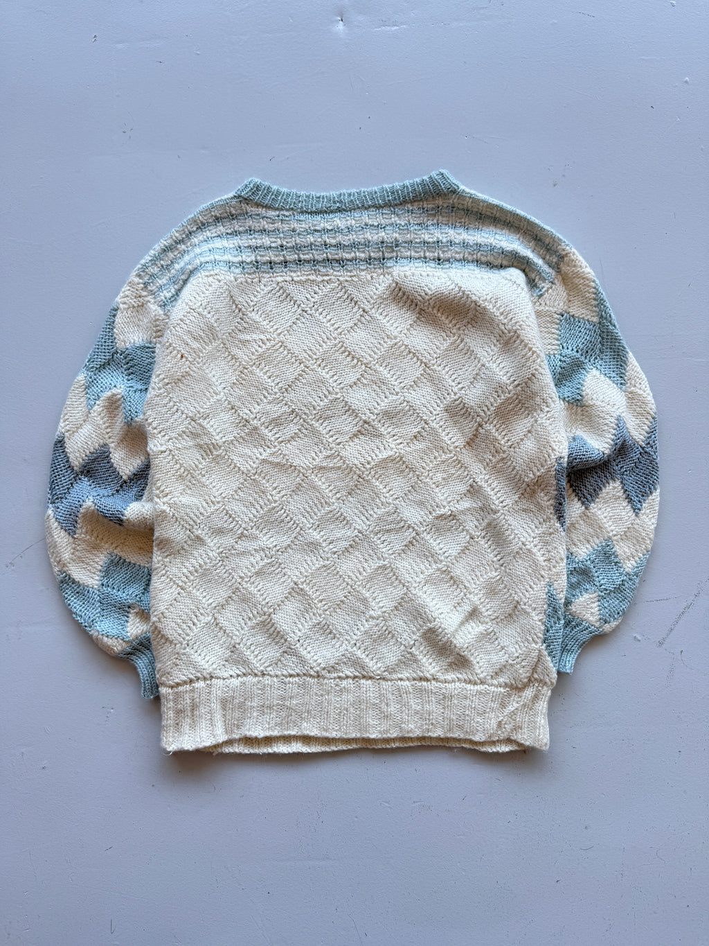 Cream Blue Argyle Knitted Vintage 90's Jumper - Medium