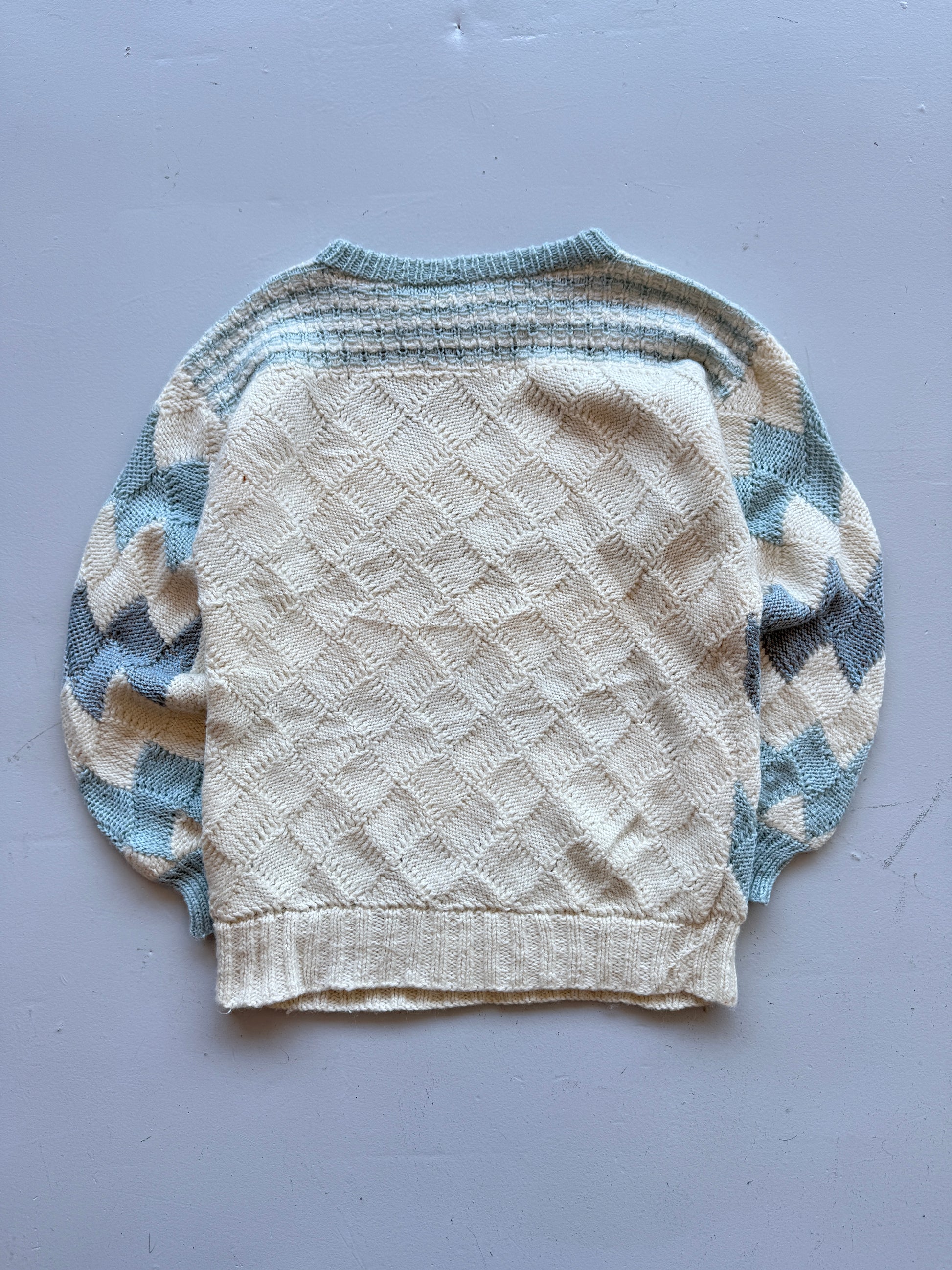 Cream Blue Argyle Knitted Vintage 90's Jumper - Medium