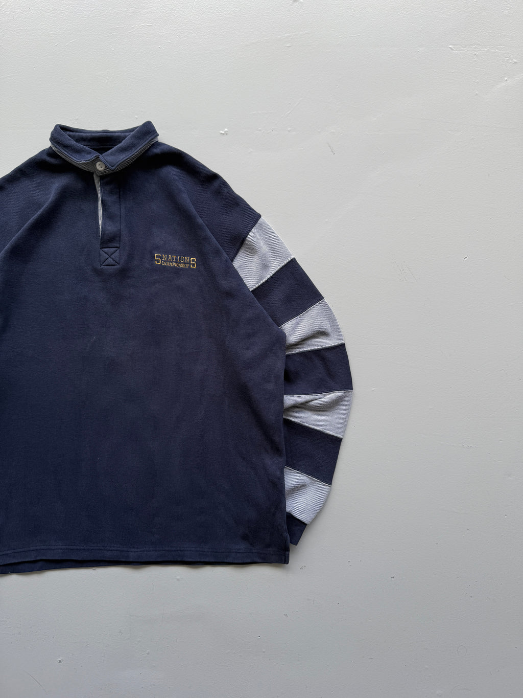 Navy Blue Five Nations 90's Vintage Long Sleeve Rugby Polo Jersey - XL