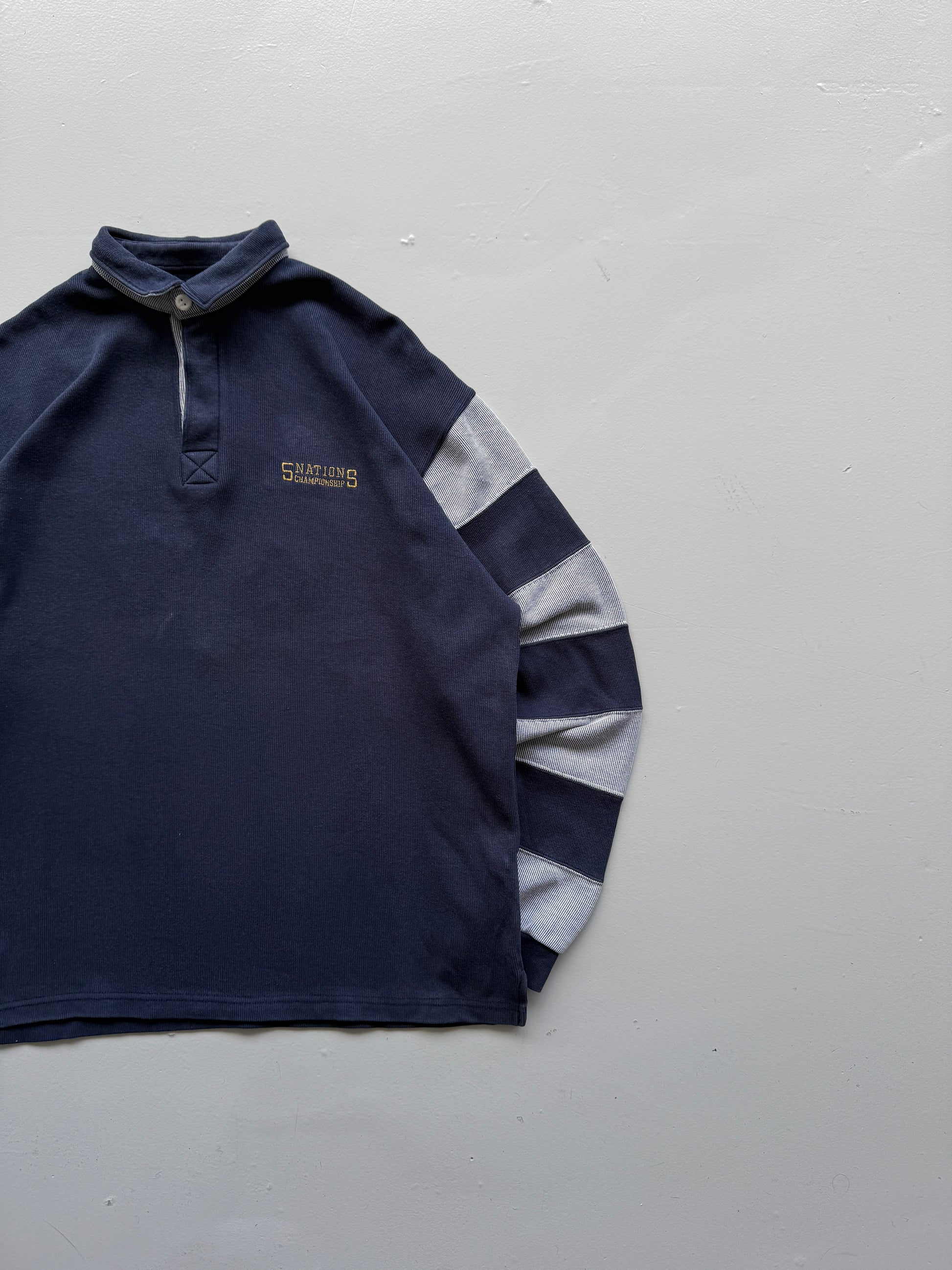 Navy Blue Five Nations 90's Vintage Long Sleeve Rugby Polo Jersey - XL