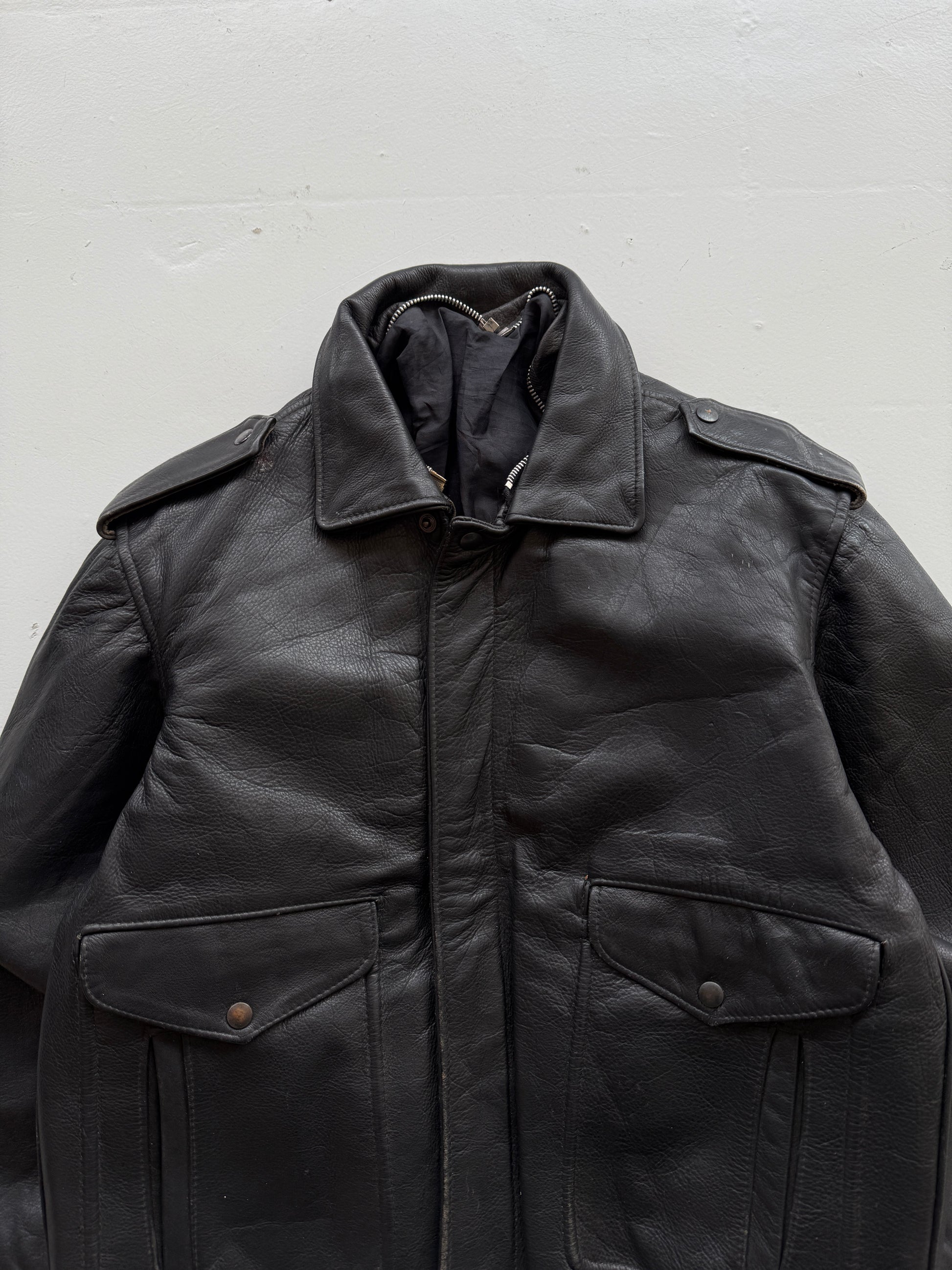 Black A2 Leather Vintage Aviation Bomber Jacket 003 - Medium