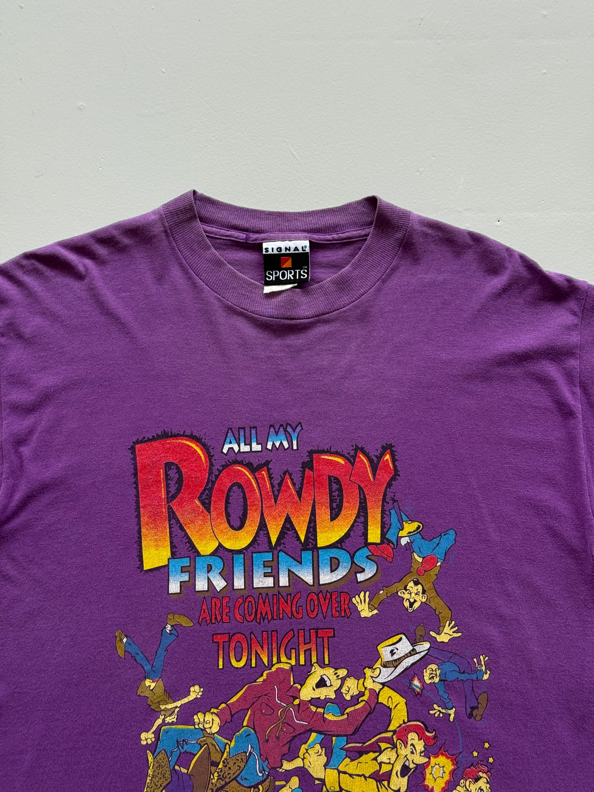 Purple Rowdy Friends 90's Vintage Single Stitch Slogan Graphic T-Shirt - Large