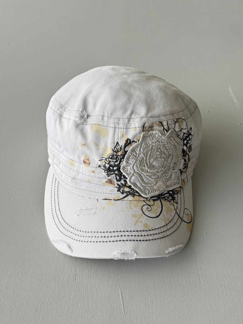 White Rose Y2K Cadet Cap Military Style 00's Grunge Aesthetic