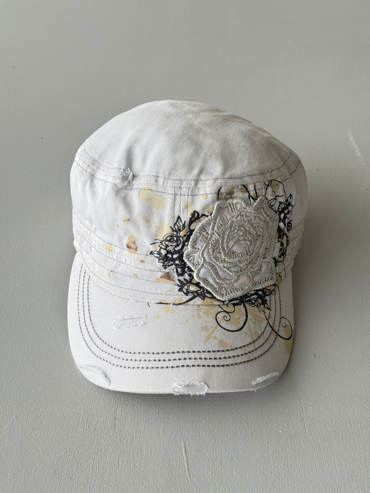 White Rose Y2K Cadet Cap Military Style 00's Grunge Aesthetic
