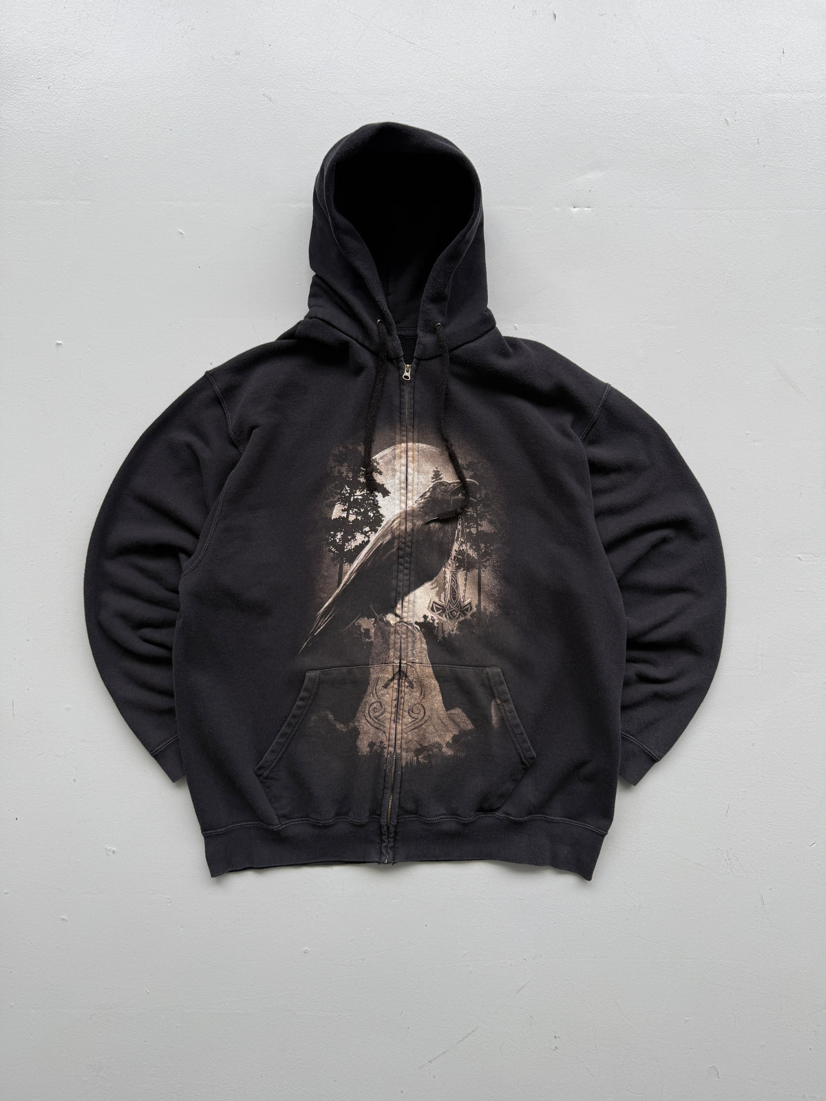 Black Gothic Raven Y2K Vintage Zip-Up Graphic Hoodie