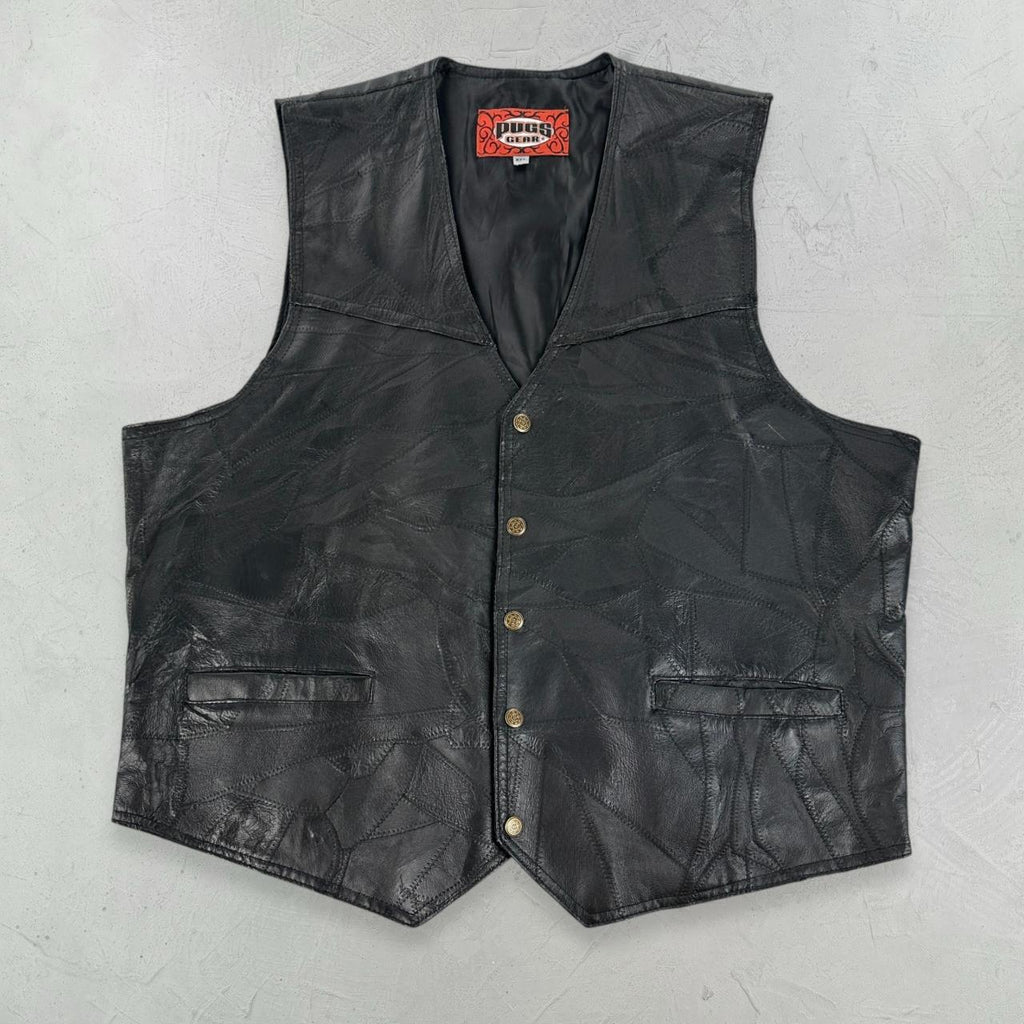 Black Leather 90s Patchwork Biker Waistcoat - Large
