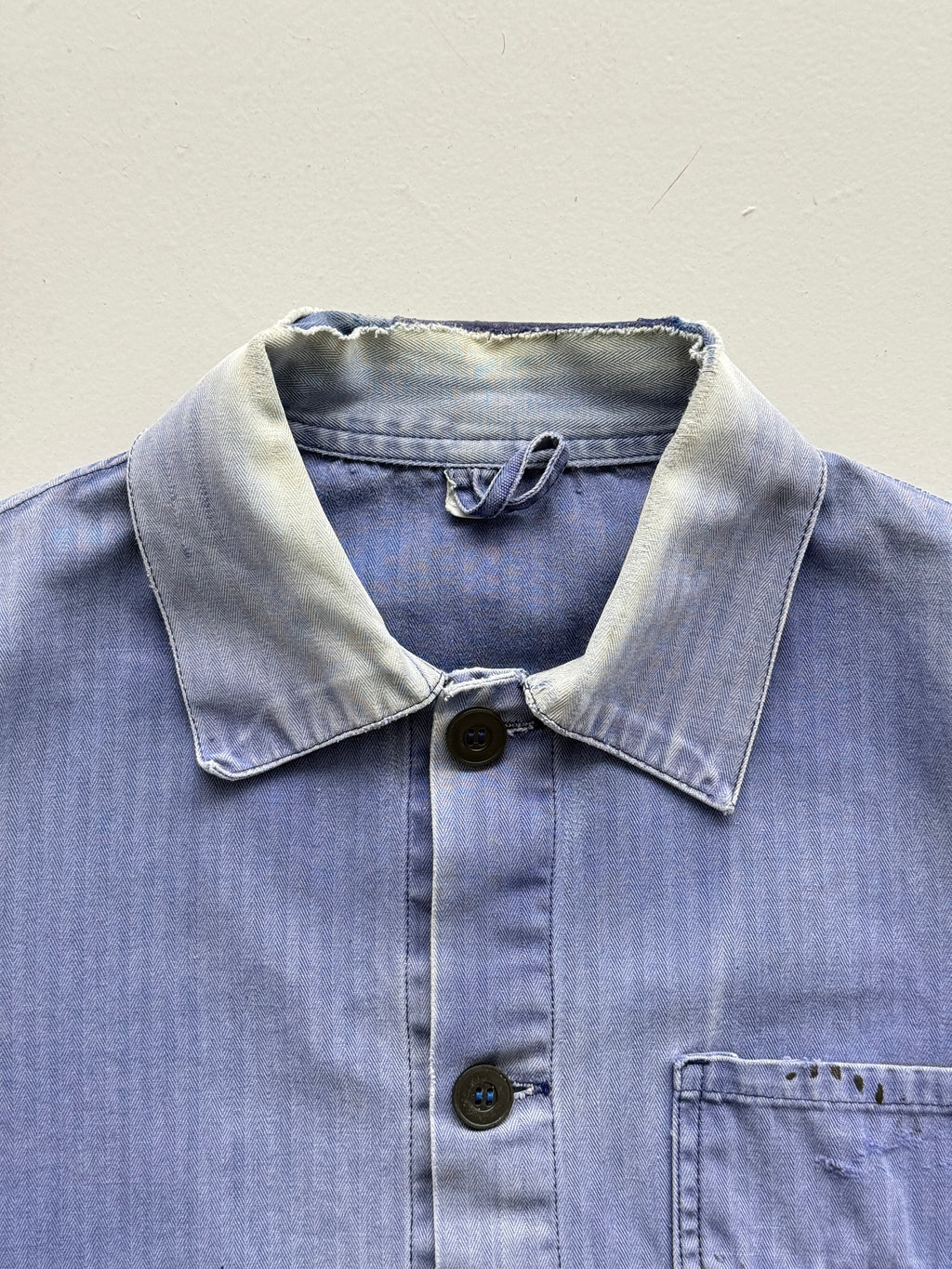 Thrashed Blue Herringbone 60's French Vintage Workwear Chore Jacket CH382 - Smal