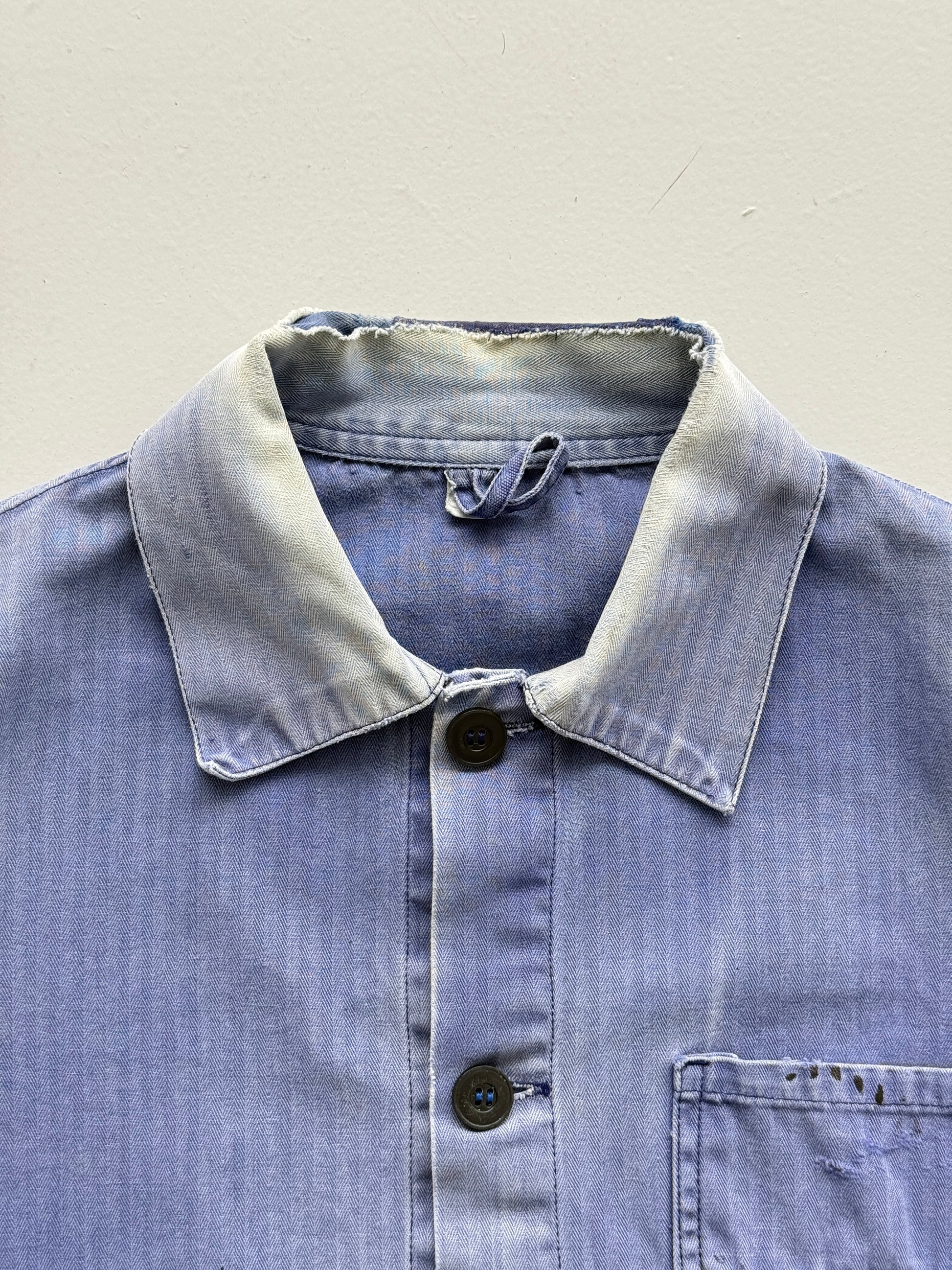 Thrashed Blue Herringbone 60's French Vintage Workwear Chore Jacket CH382 - Smal