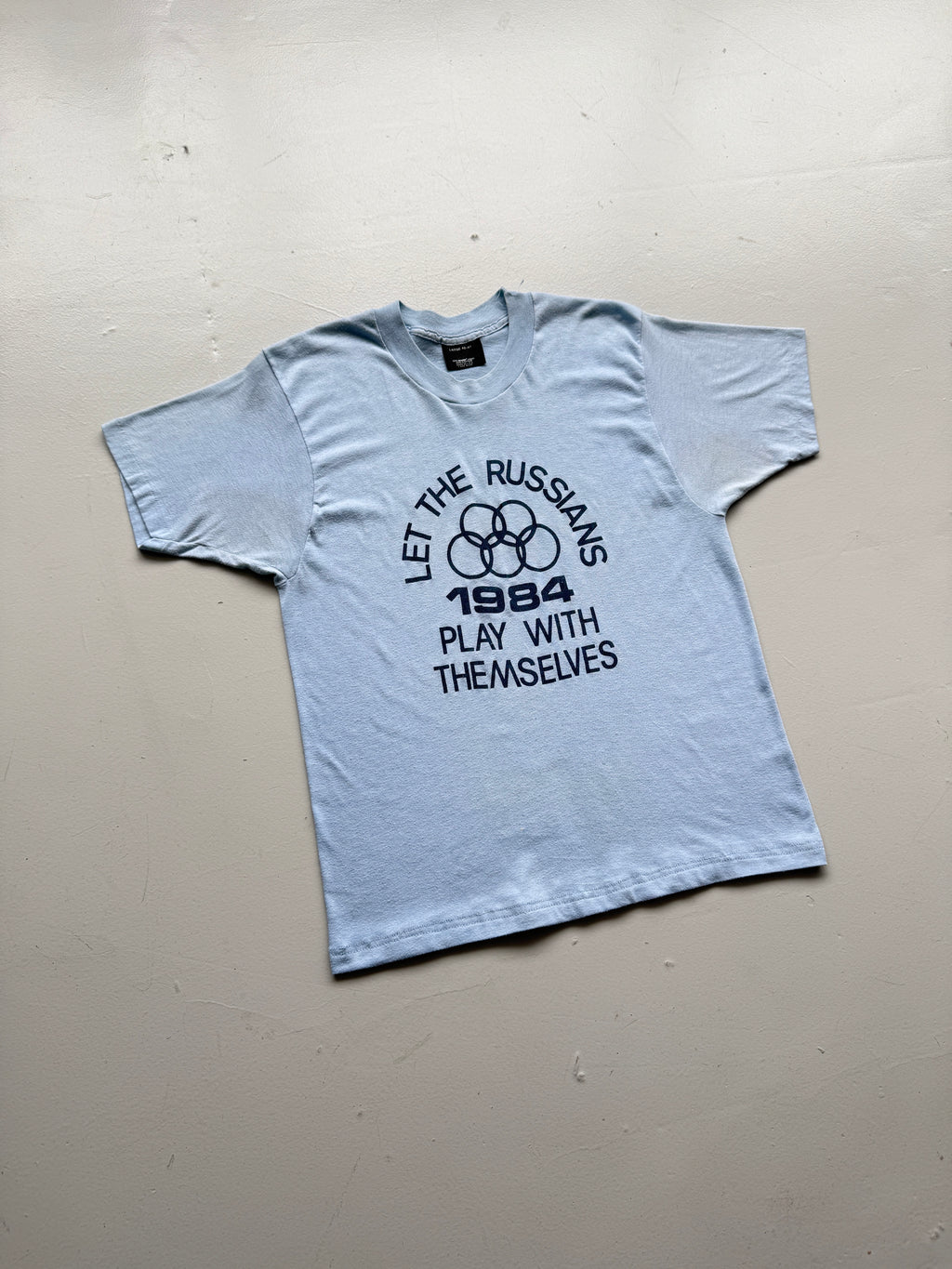 Light Blue Let The Russians 1984 Olympics 80's Vintage Cropped T-Shirt - Small