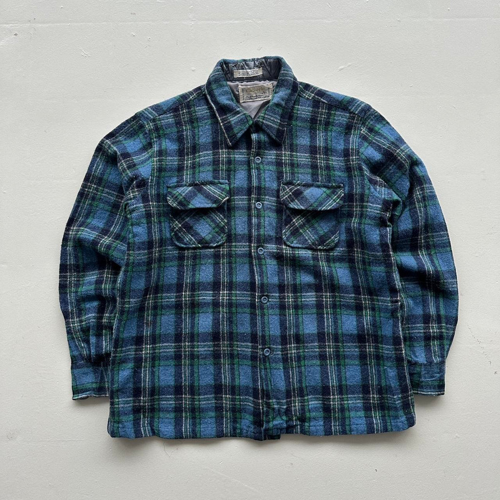 Green Blue Cascade Woollen Checkered Long Sleeve 60s Vintage Flannel Shirt - Small
