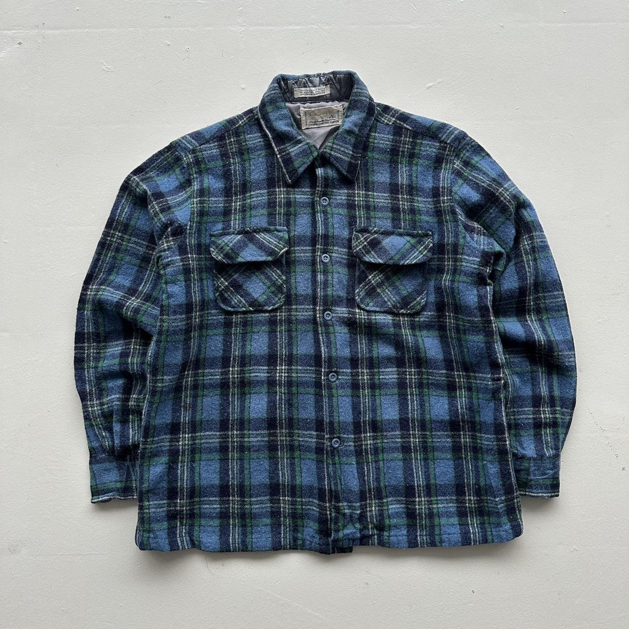 Green Blue Cascade Woollen Checkered Long Sleeve 60s Vintage Flannel Shirt - Small