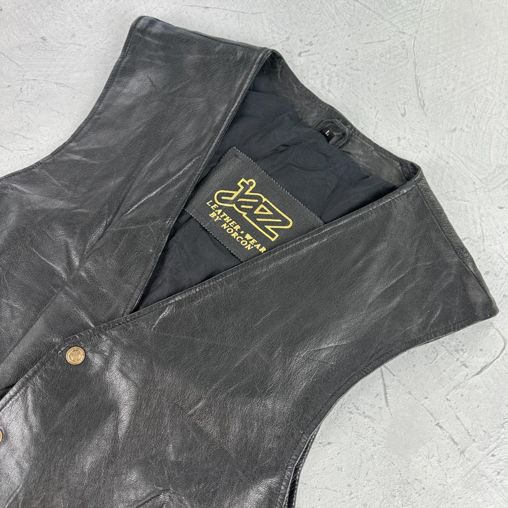 Black Leather 90s Western Waistcoat - Medium