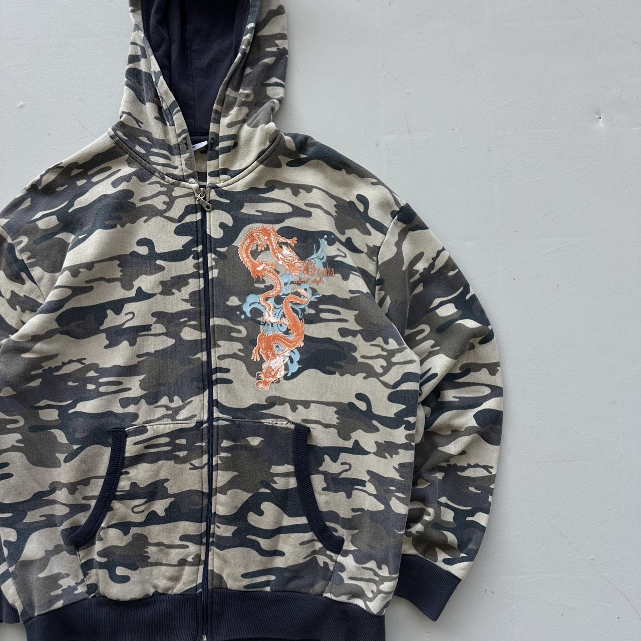 Grey Camo Tribal Dragon Y2K Full-Zip Hoodie - XL