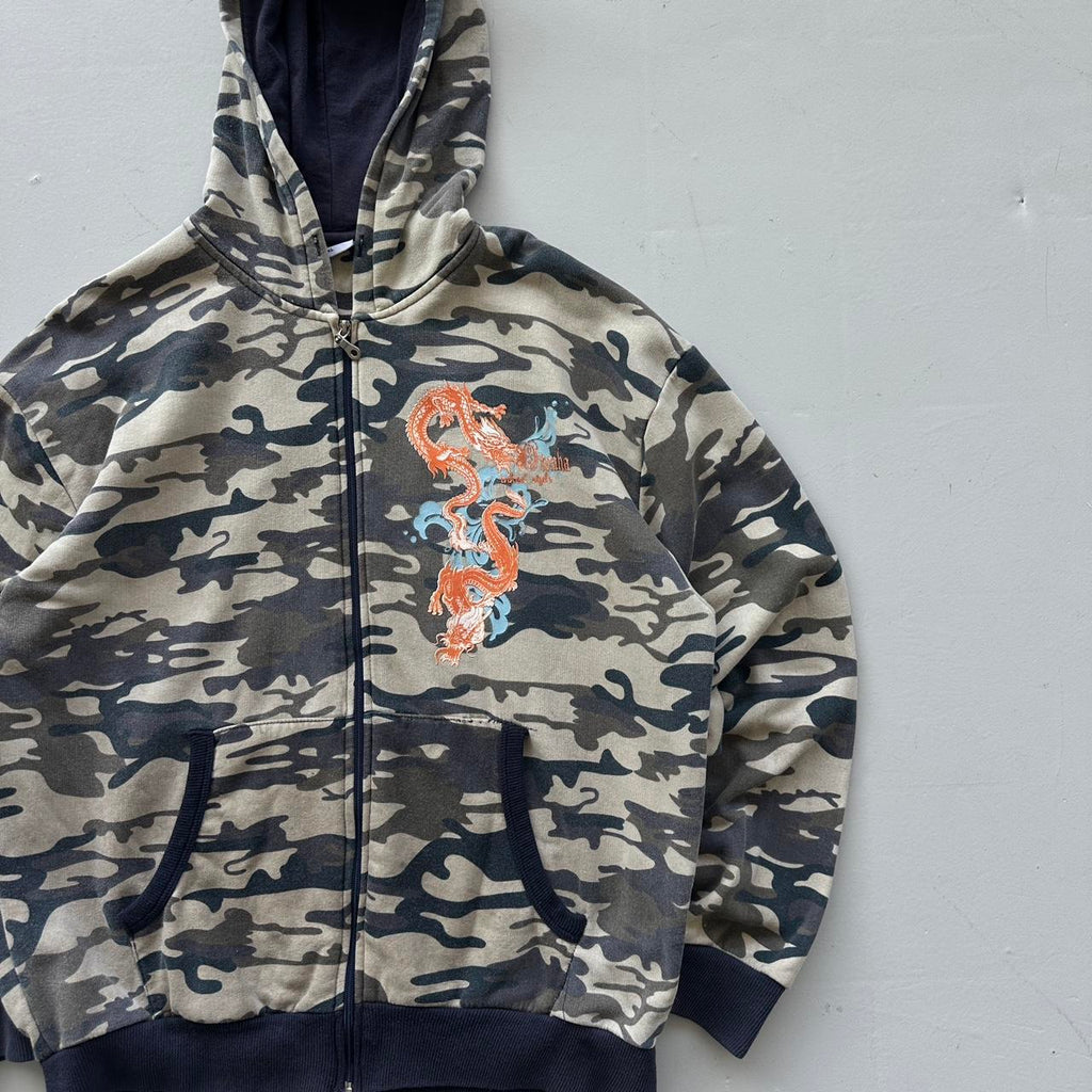 Grey Camo Tribal Dragon Y2K Full-Zip Hoodie - XL