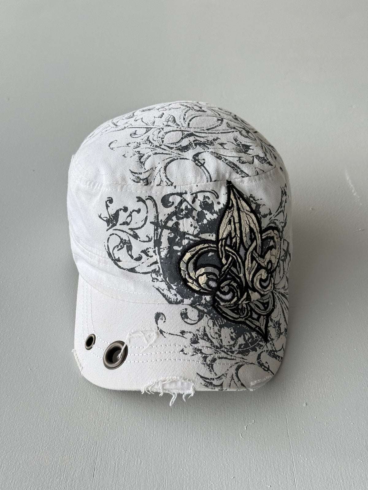 White Fleur-De-Lis Y2K Cadet Cap Military Style 00's Grunge Aesthetic