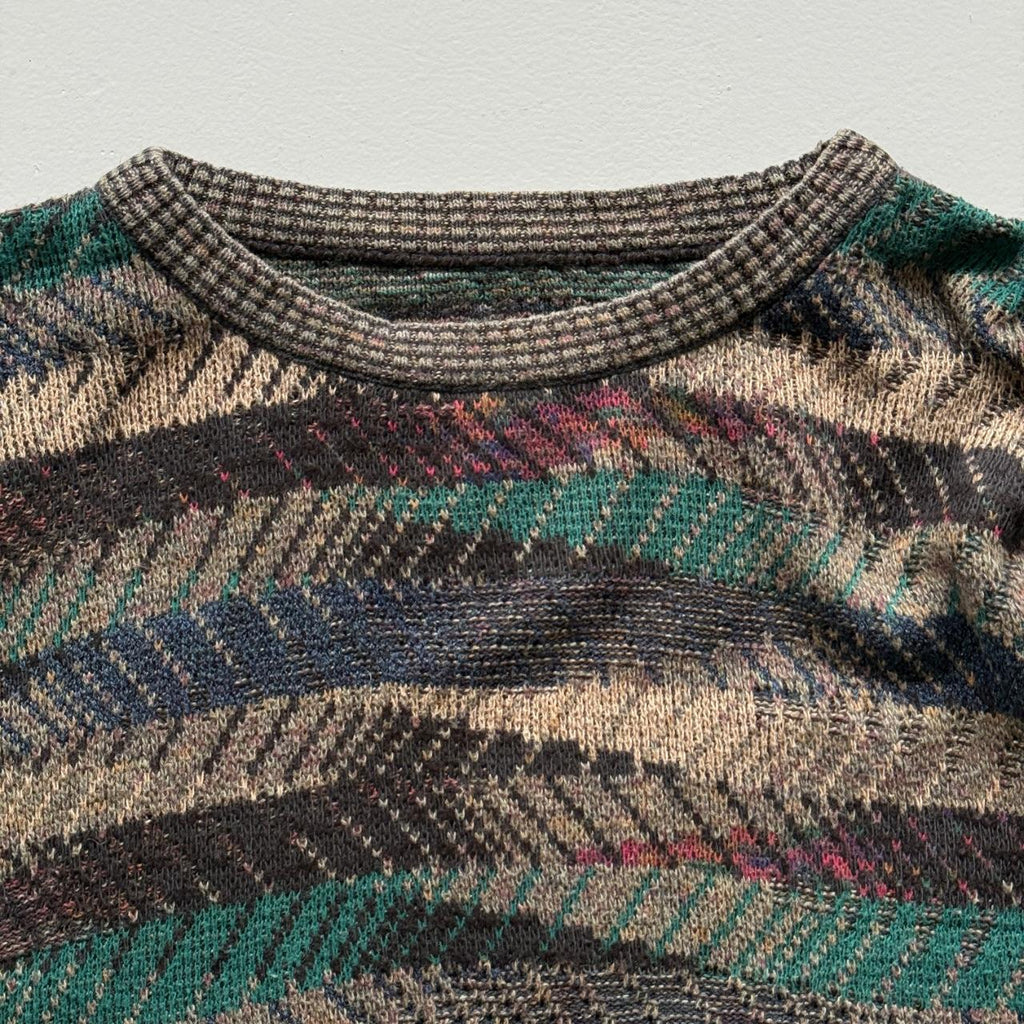Green Blue Striped Knitted 80s Vintage 3D Knit Jumper - XXL