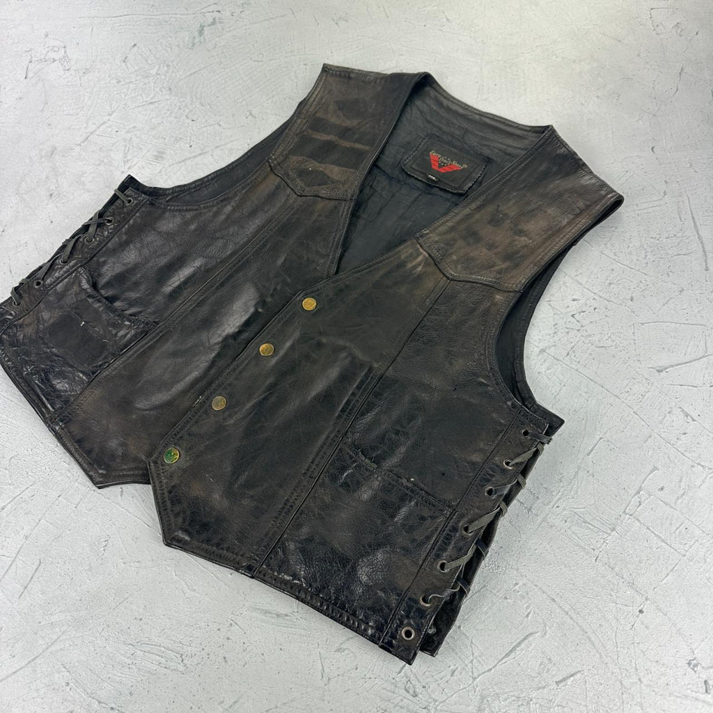 Black Leather 90s Vintage Biker Waistcoat - Medium
