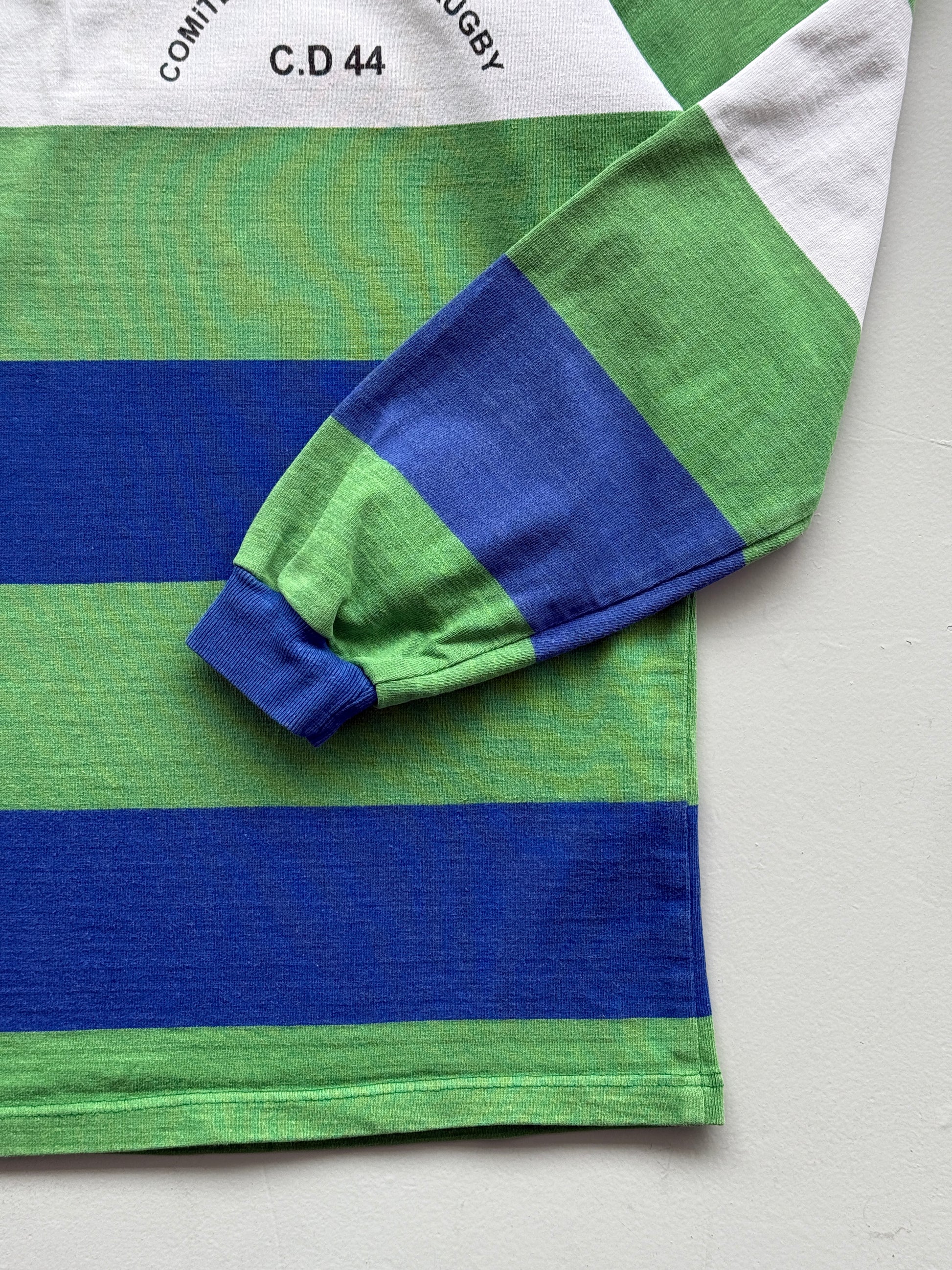 Green Striped French Rugby 90's Vintage Long Sleeve Polo Jersey - Large