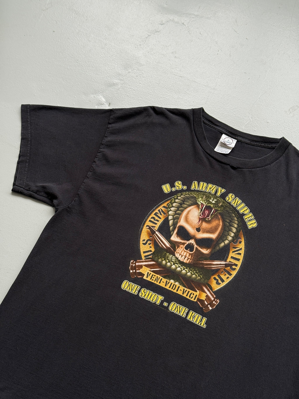 Black U.S. Army Sniper One Shot One Kill Y2K Vintage Graphic T-Shirt - XL