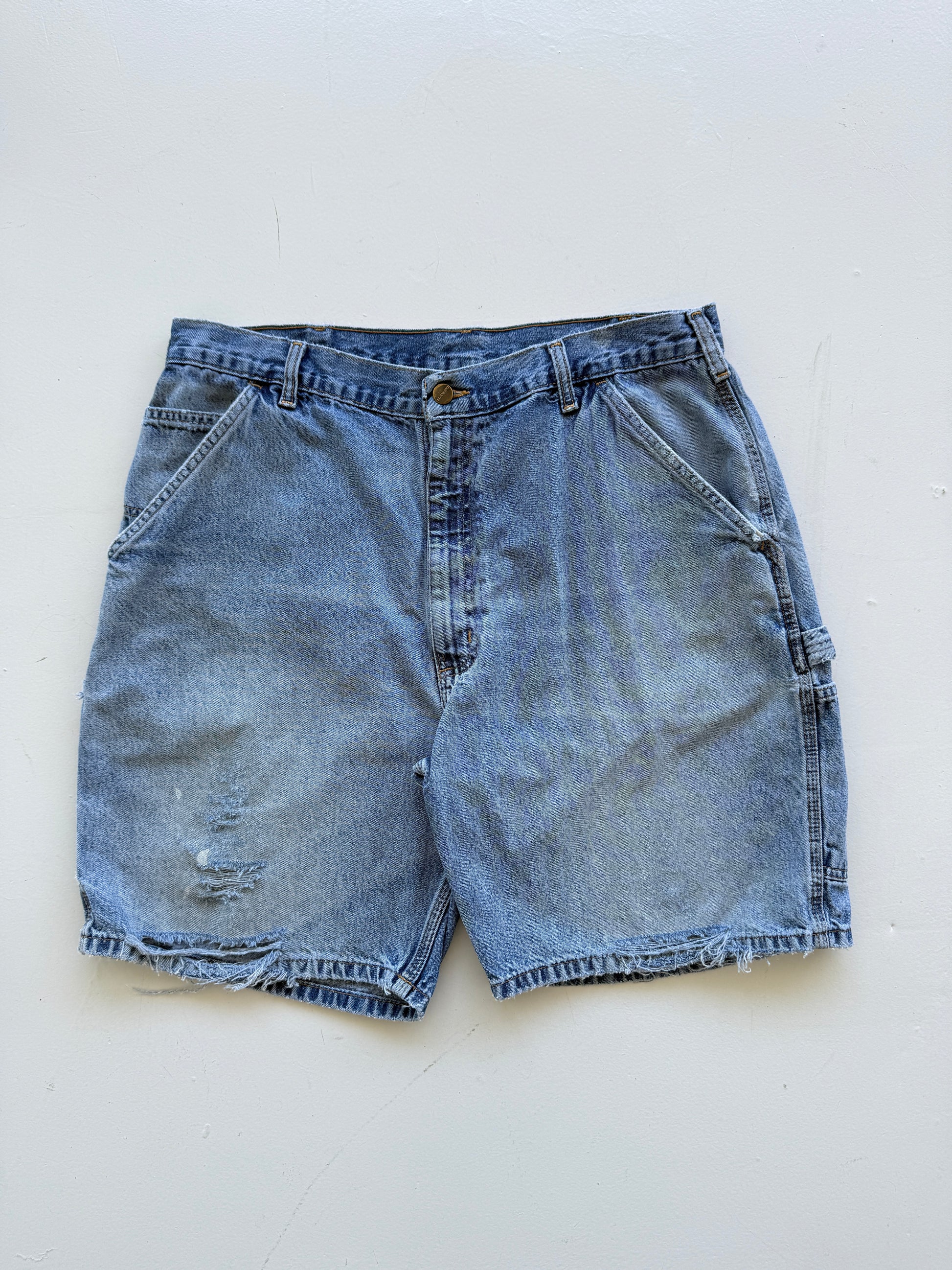 Blue Carhartt 90's Vintage Thrashed Denim Workwear Shorts - W38 x L8.5