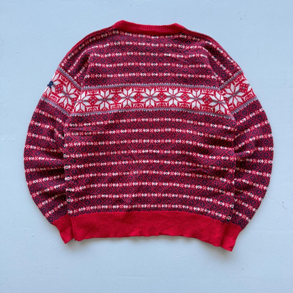 Red Raindeer Woollen 90's Vintage Christmas Pattern Wool Knit Jumper - Large