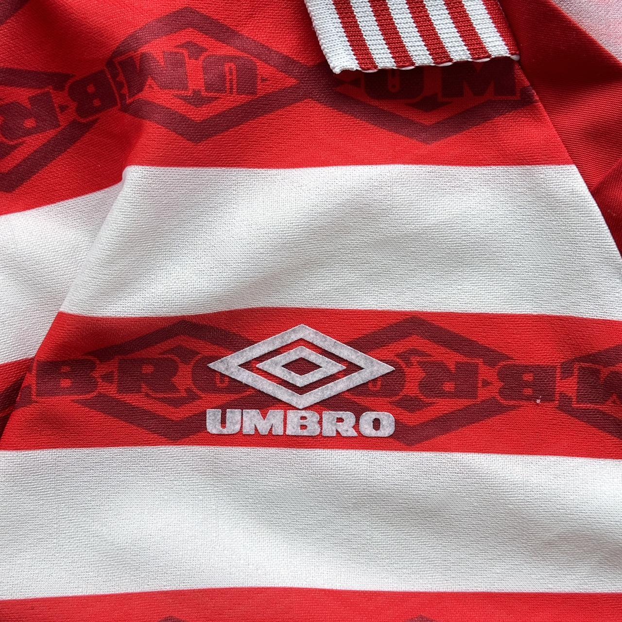 Red Striped 90's Umbro Football Long Sleeved Vintage Shirt - Large