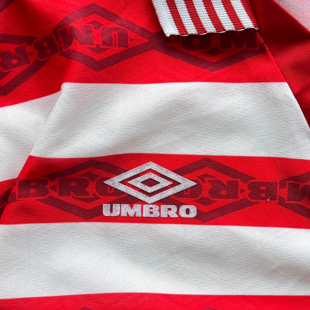 Red Striped 90's Umbro Football Long Sleeved Vintage Shirt - Large