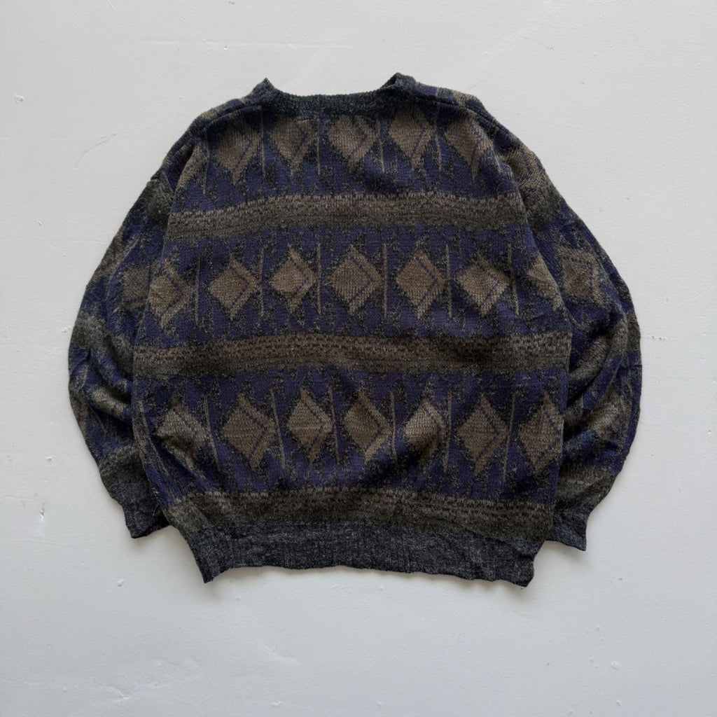 Navy Blue Patterned 90's Vintage Woollen Knit Jumper - XL