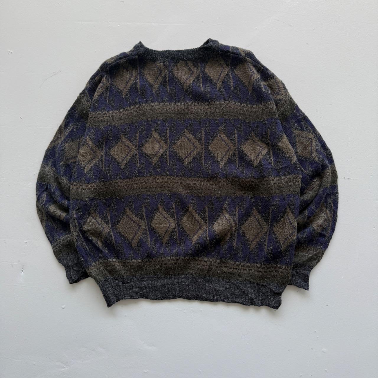 Navy Blue Patterned 90's Vintage Woollen Knit Jumper - XL