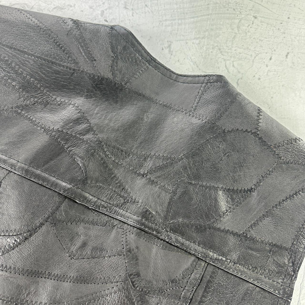 Black Leather 90s Patchwork Biker Waistcoat - Large