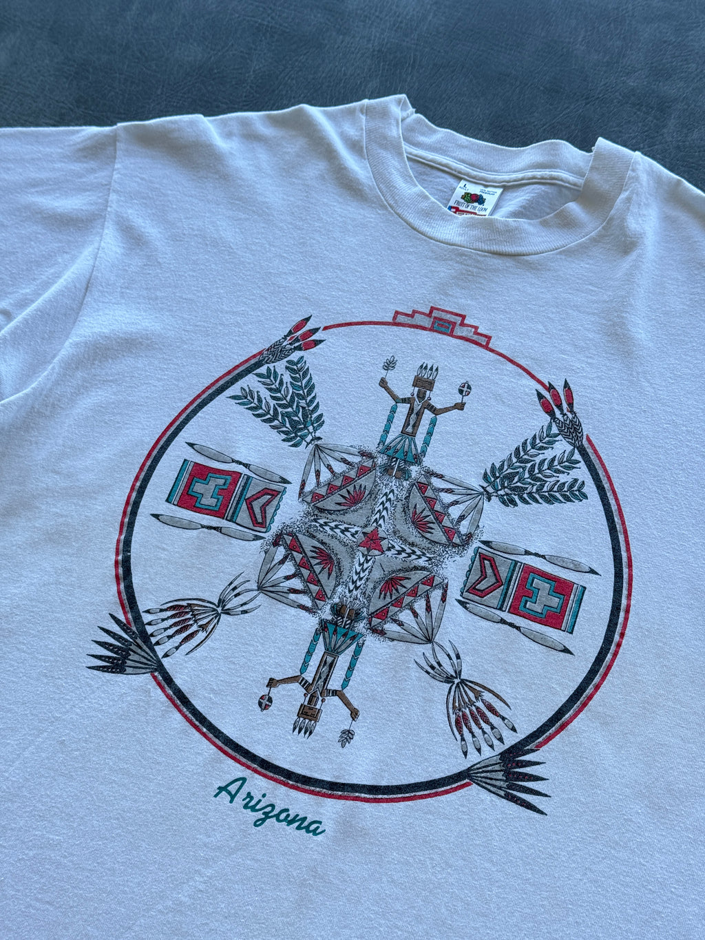 White Arizona Native Kachina 90's Vintage Single Stitch Graphic T-Shirt - Large