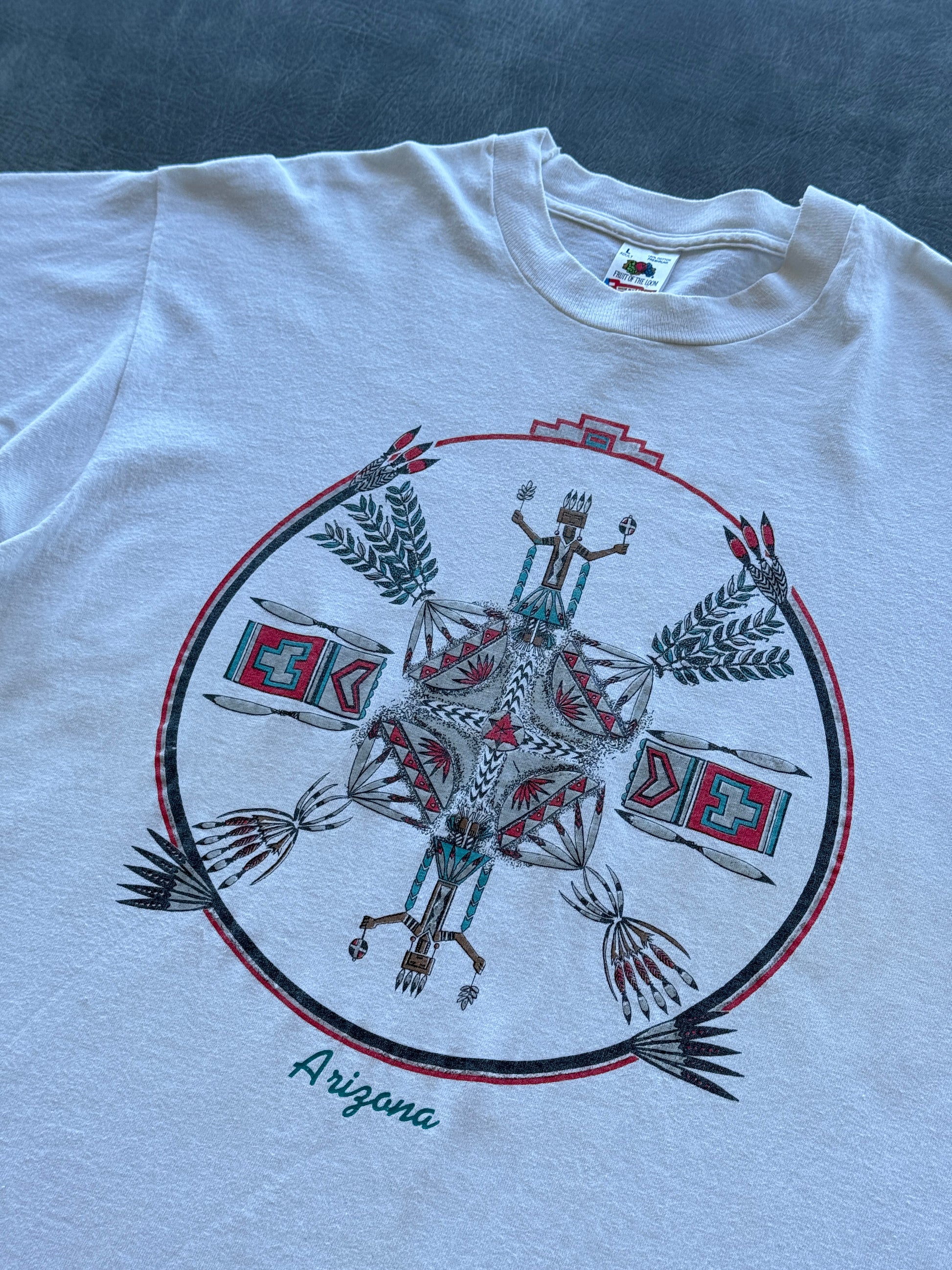 White Arizona Native Kachina 90's Vintage Single Stitch Graphic T-Shirt - Large