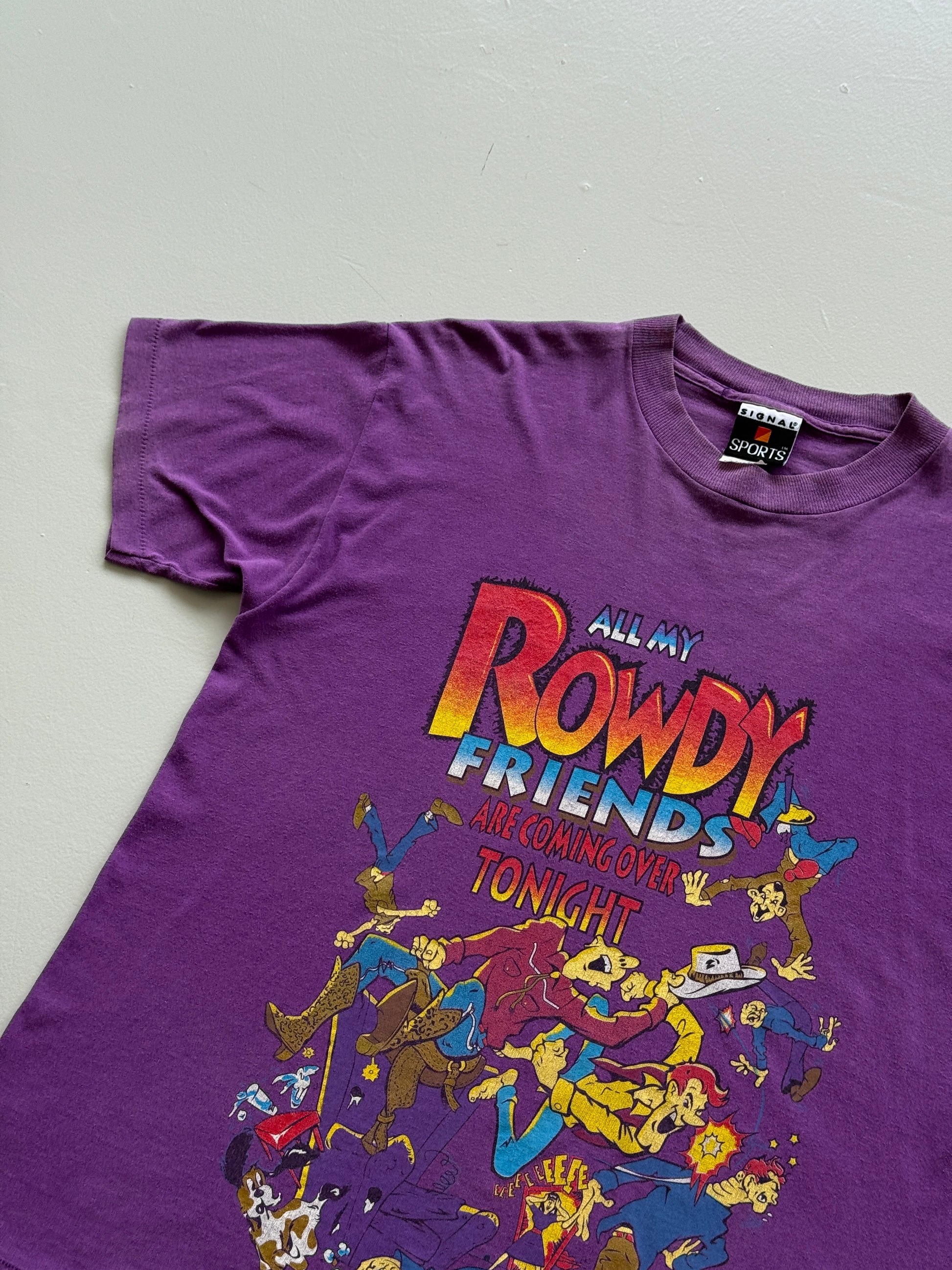 Purple Rowdy Friends 90's Vintage Single Stitch Slogan Graphic T-Shirt - Large